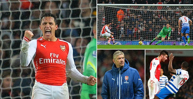 Alexis Sanchez celebrates having already missed a penalty, Arsene Wenger and Olivier Giroud