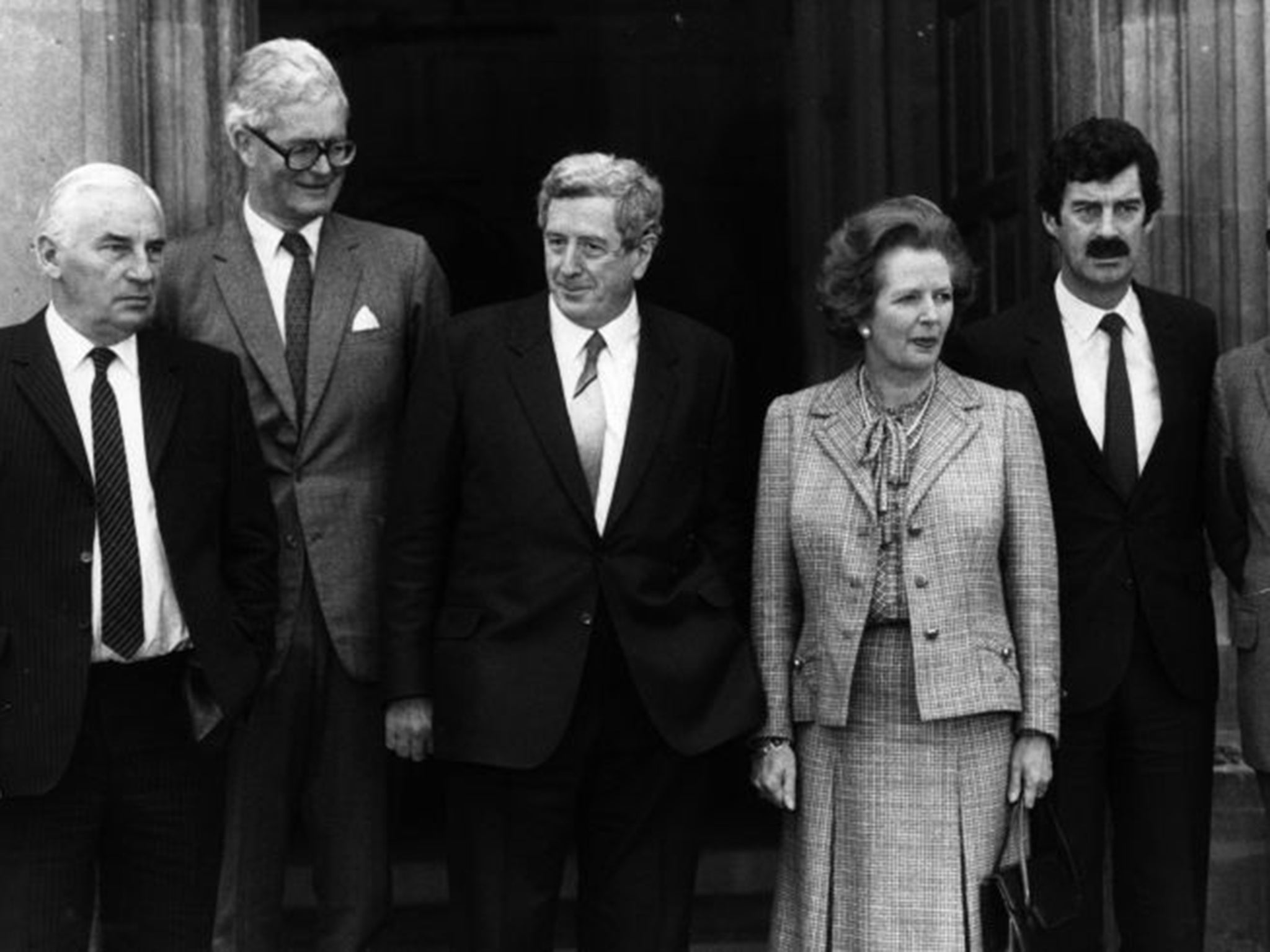 Margaret Thatcher and Garret FitzGerald, with, from left, Irish Foreign Affairs minister Peter Barry, UK Northern Ireland Secretary Douglas Hurd and Irish Deputy Prime Minister Dick Spring at the Anglo Irish summit at Chequers in 1984