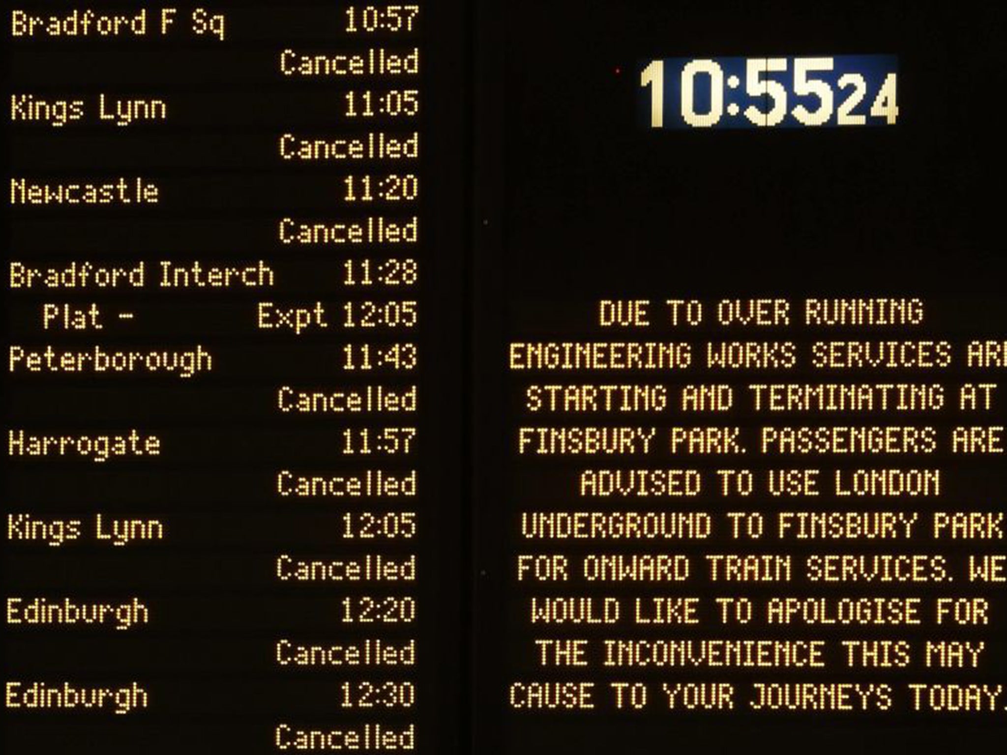 The departure board at King’s Cross station on Saturday