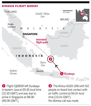 A map of where the AirAsia flight QZ8501 went missing