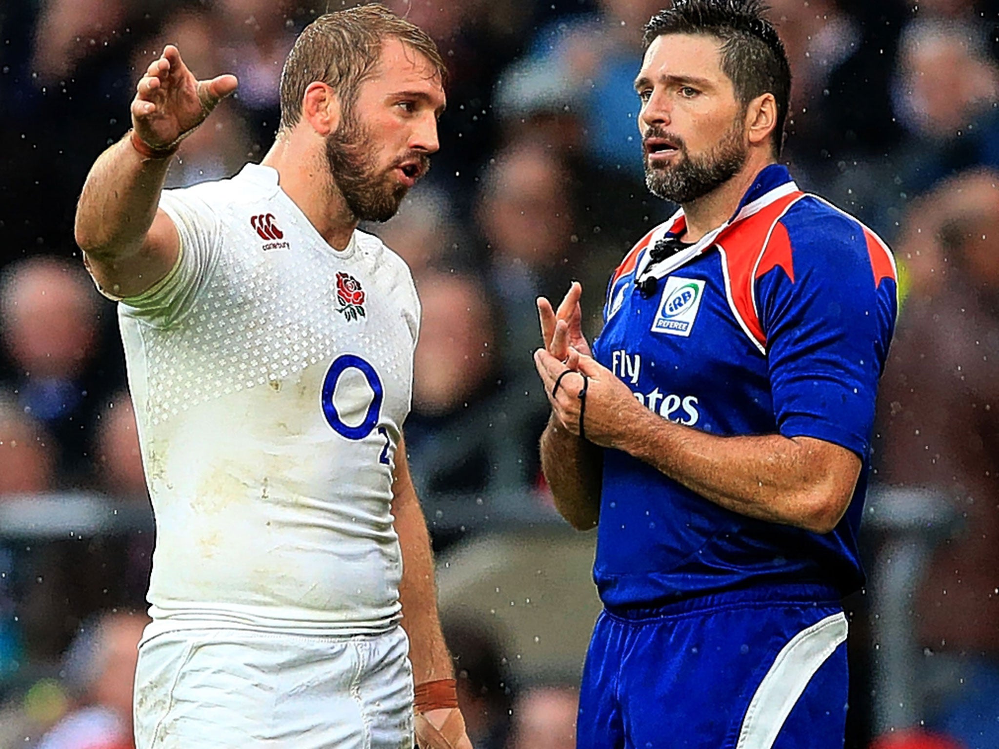 England captain Chris Robshaw chats with Steve Walsh at Twickenham last month. Hearing what the referee is telling the players adds great insight into the game