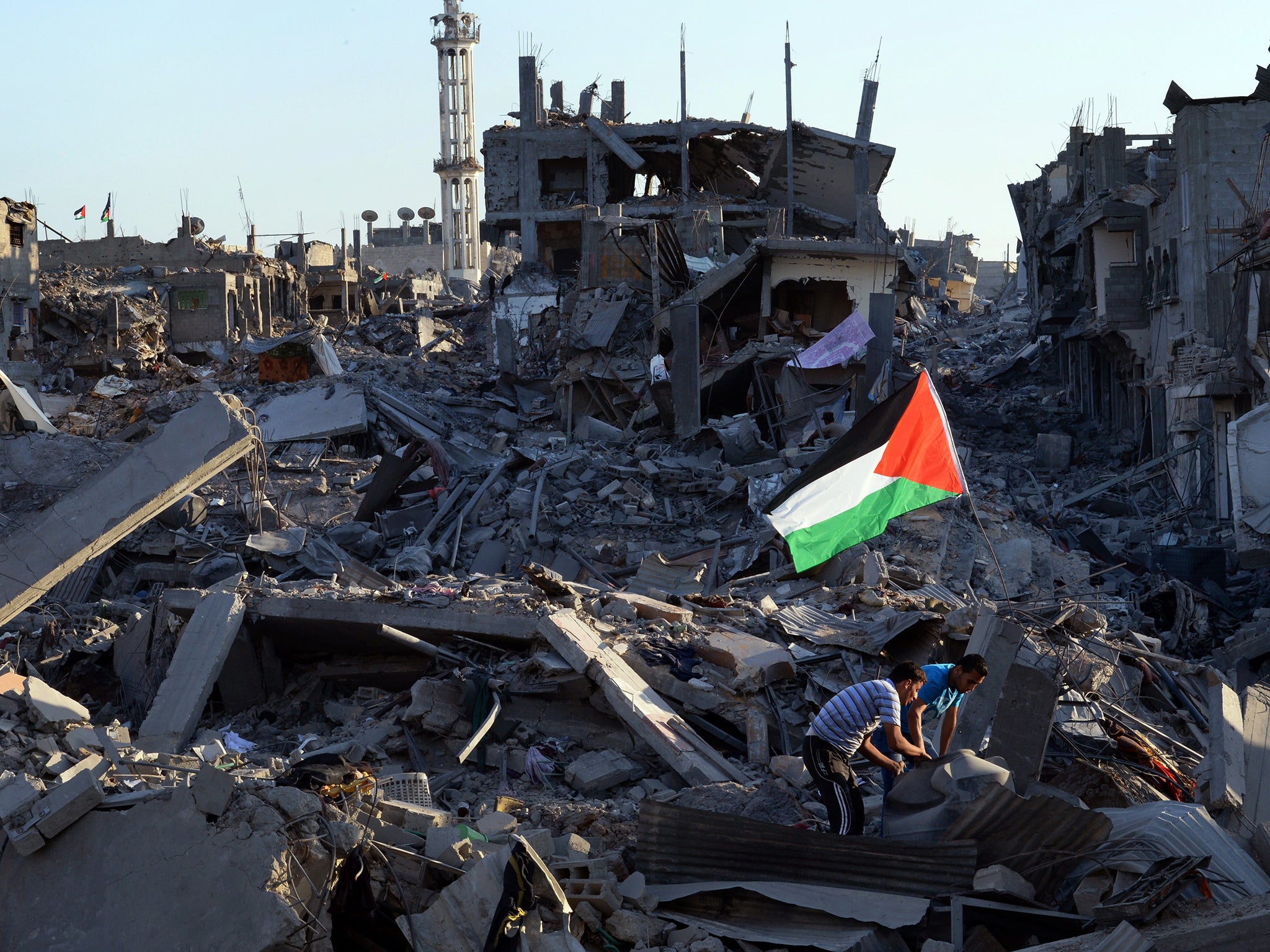 The rubble of the devastated neighbourhood of Shejaiya in Gaza City; just a fraction of the construction material required to rebuild has been delivered so far – only 1 per cent of the five million tonnes needed