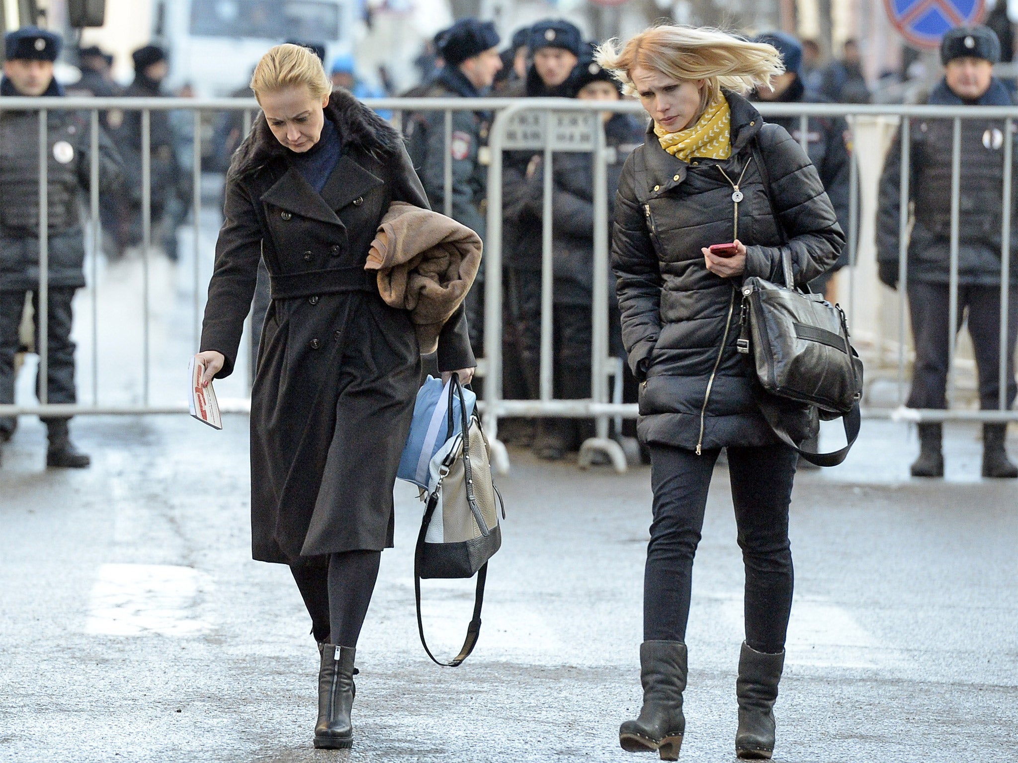 Yulia (left), wife of Alexei Navalny and Victoria, wife of Alexei's brother and co-defendant Oleg, after the court hearing in Moscow (Getty)