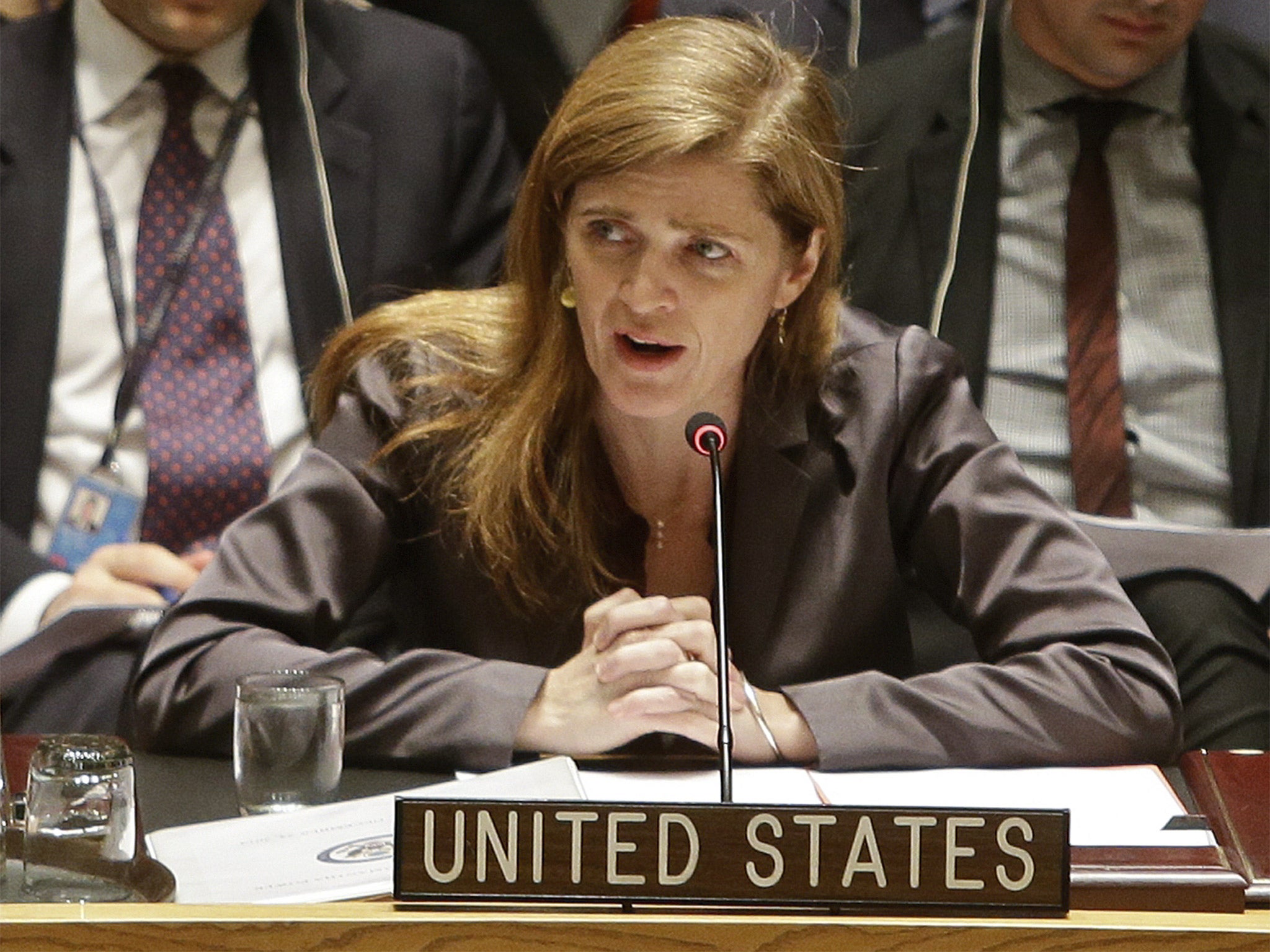 Samantha Power, the United States' ambassador to the United Nations speaks during a meeting of the U.N. Security Council