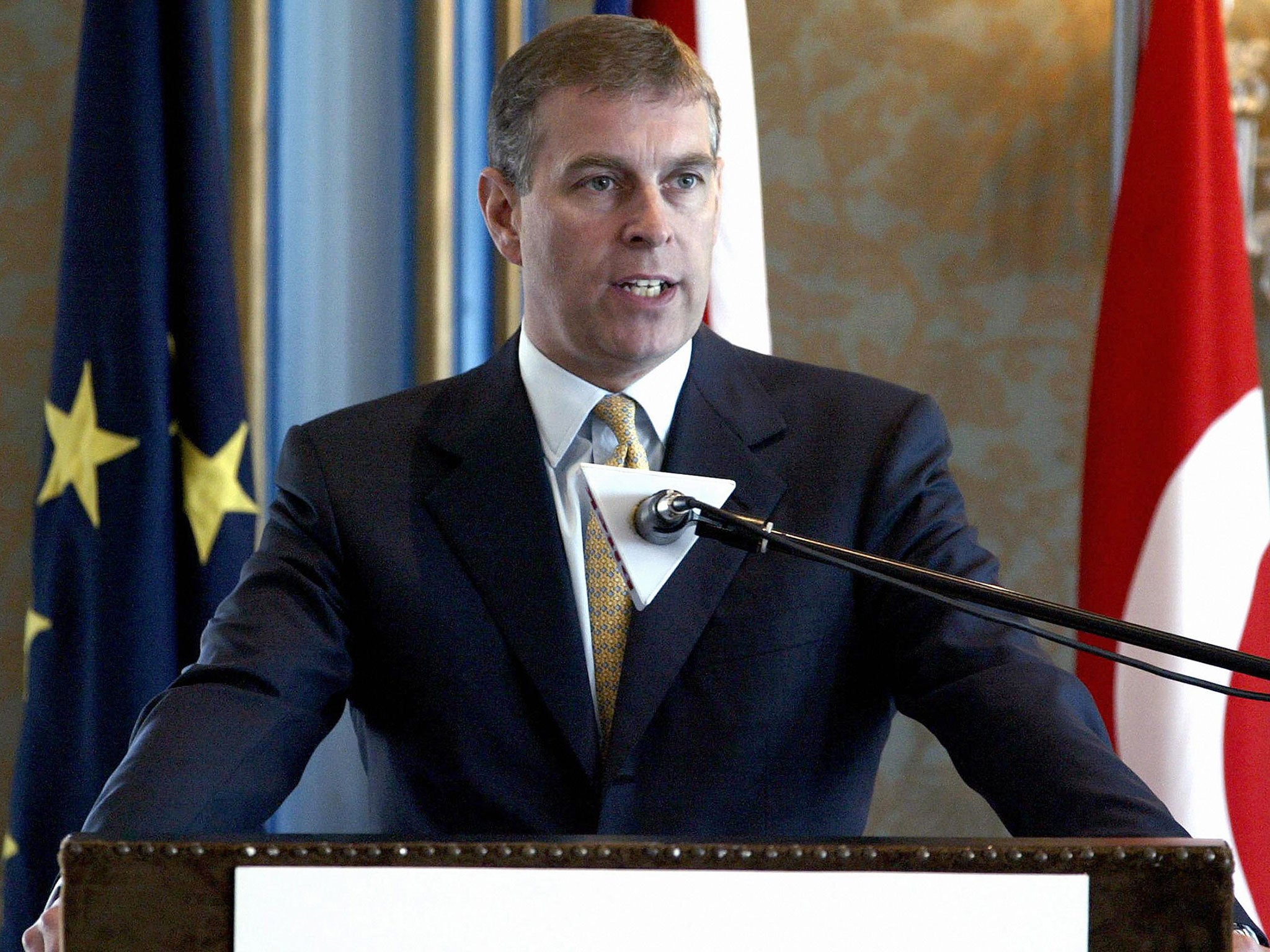 Britain's Prince Andrew speaks to the press during a meeting with Turkish Businessmen at Ciragan Palace in Istanbul on 26 May 2004