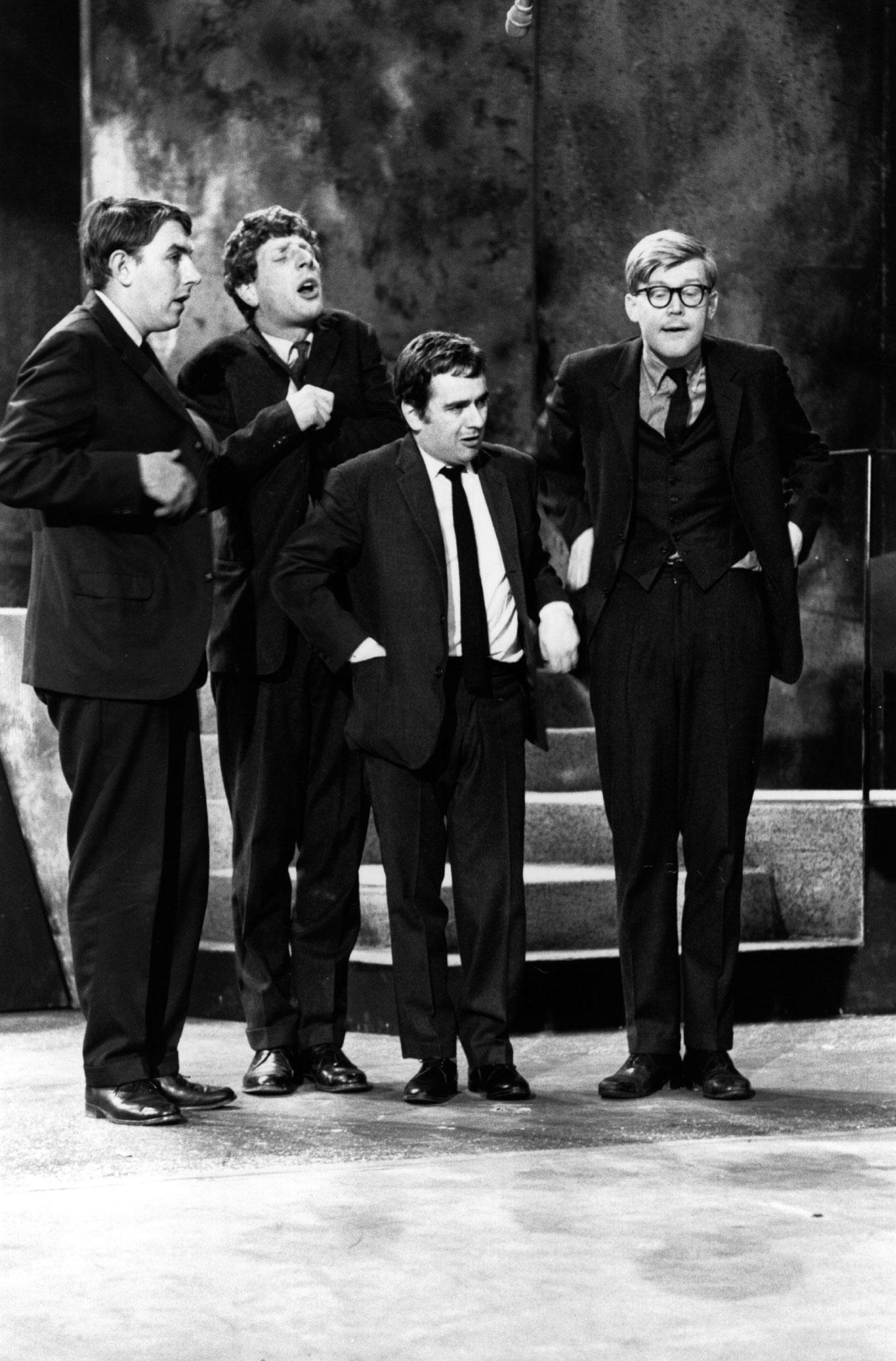 Peter Cook, Jonathan Miller, Dudley Moore and Alan Bennett in 'Beyond The Fringe' in 1964 (Getty Images)