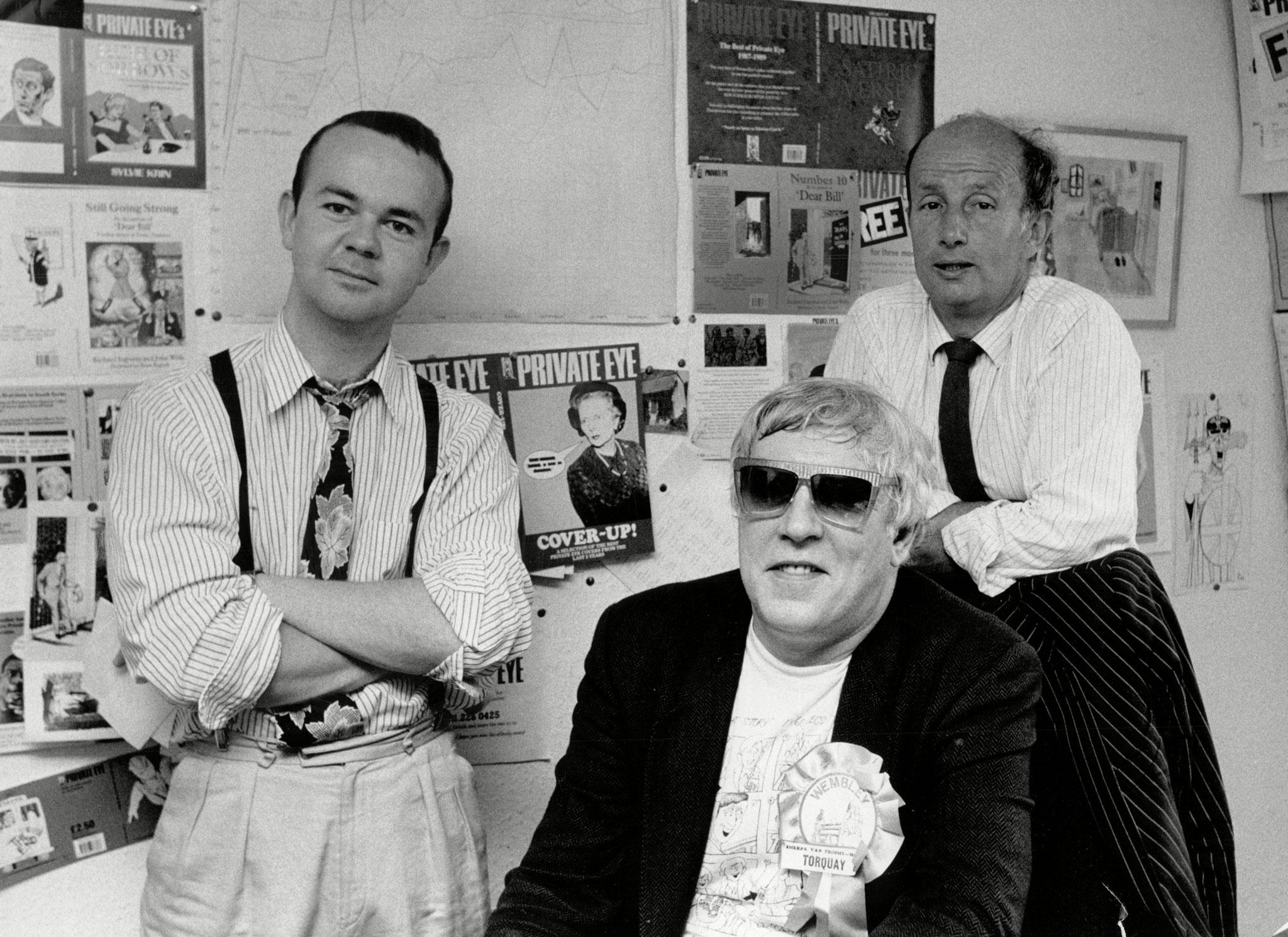 Cook with Ian Hislop and David Court in the Private Eye offices, 1989 (Rex Features)