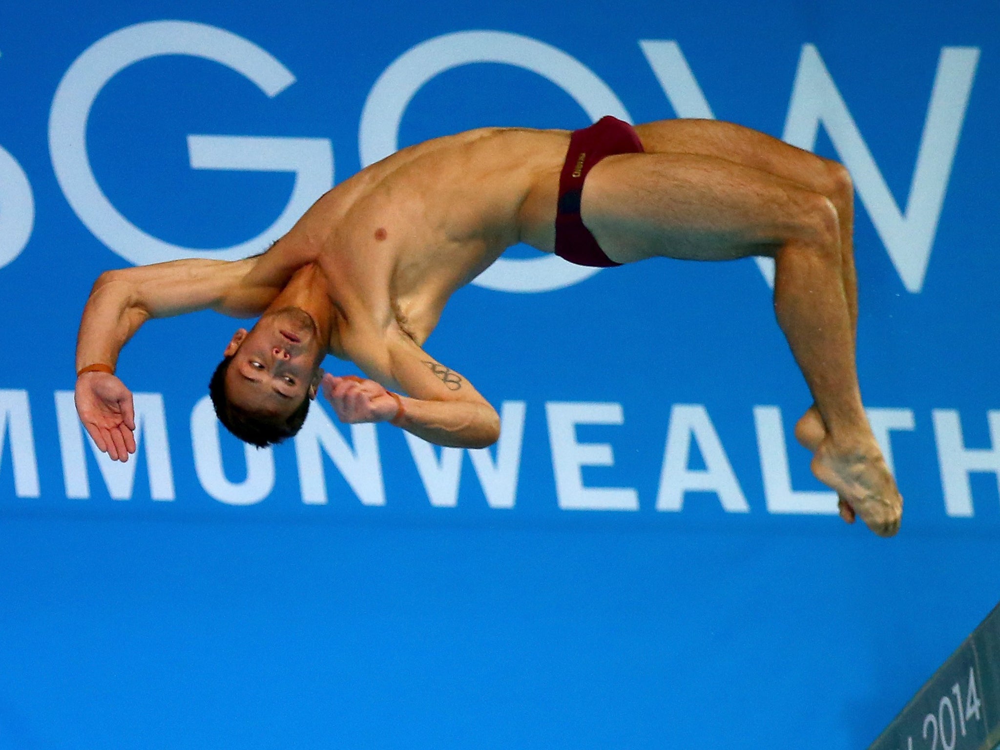 &#13;
Tom Daley competes in the men's 10m platform synchro (Getty)&#13;