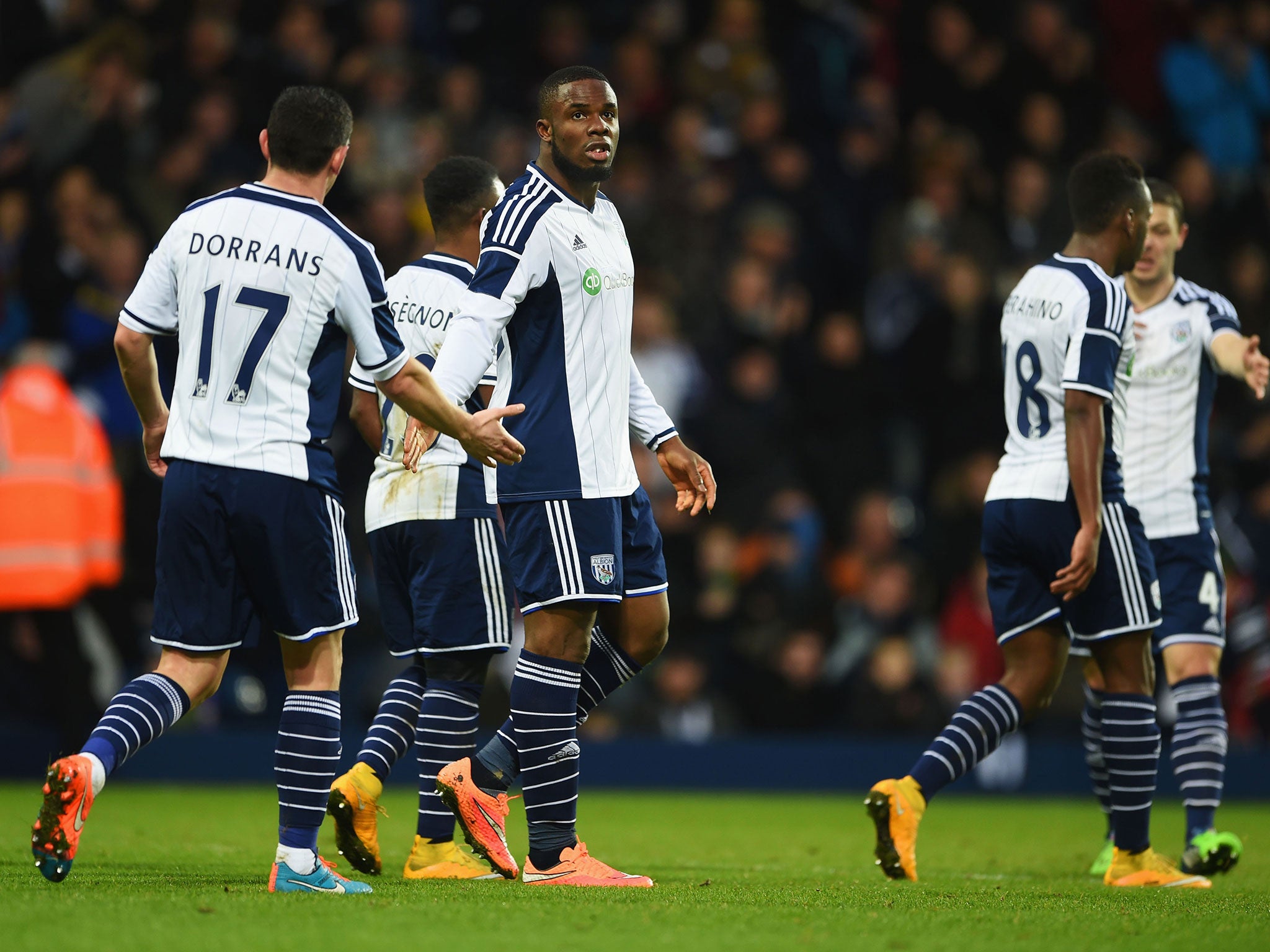 Victor Anichebe celebrates West Brom's second goal