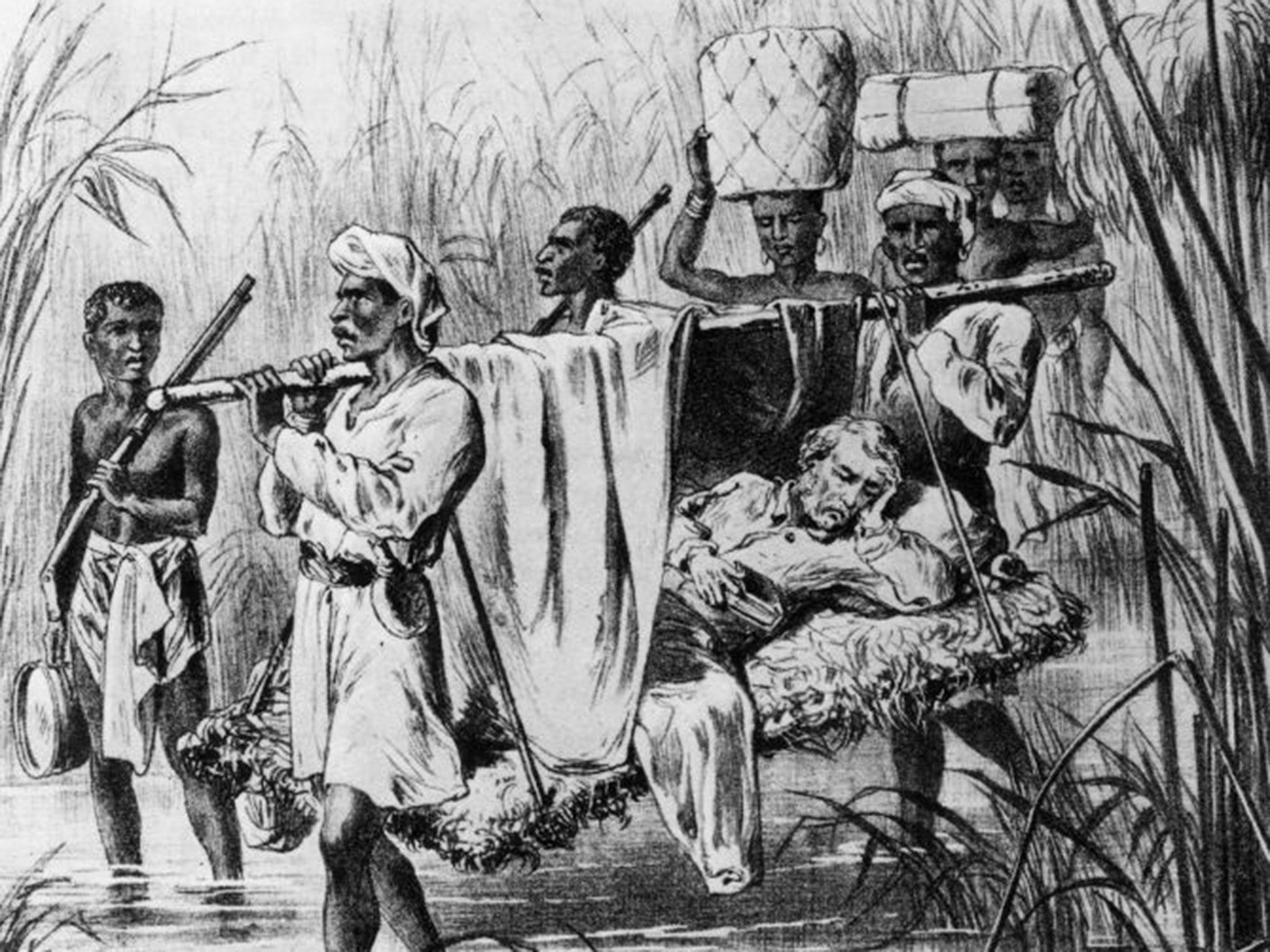 Livingstone being carried on a makeshift stretcher through the jungle