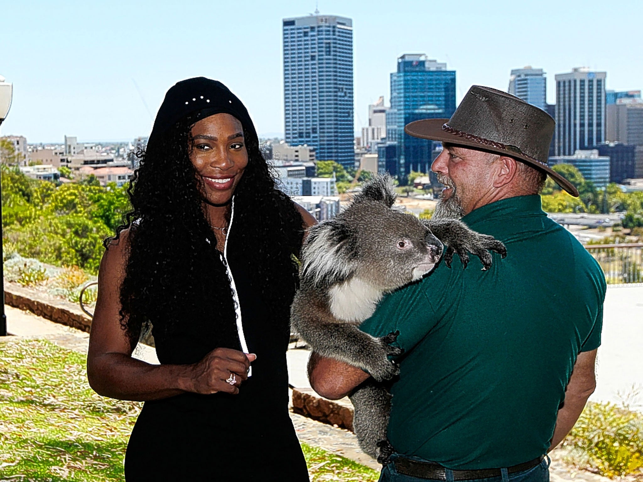 Serena Williams, who plays Italy’s Flavia Pennetta in the Hopman Cup on Monday, meets Sunshine the koala in Perth