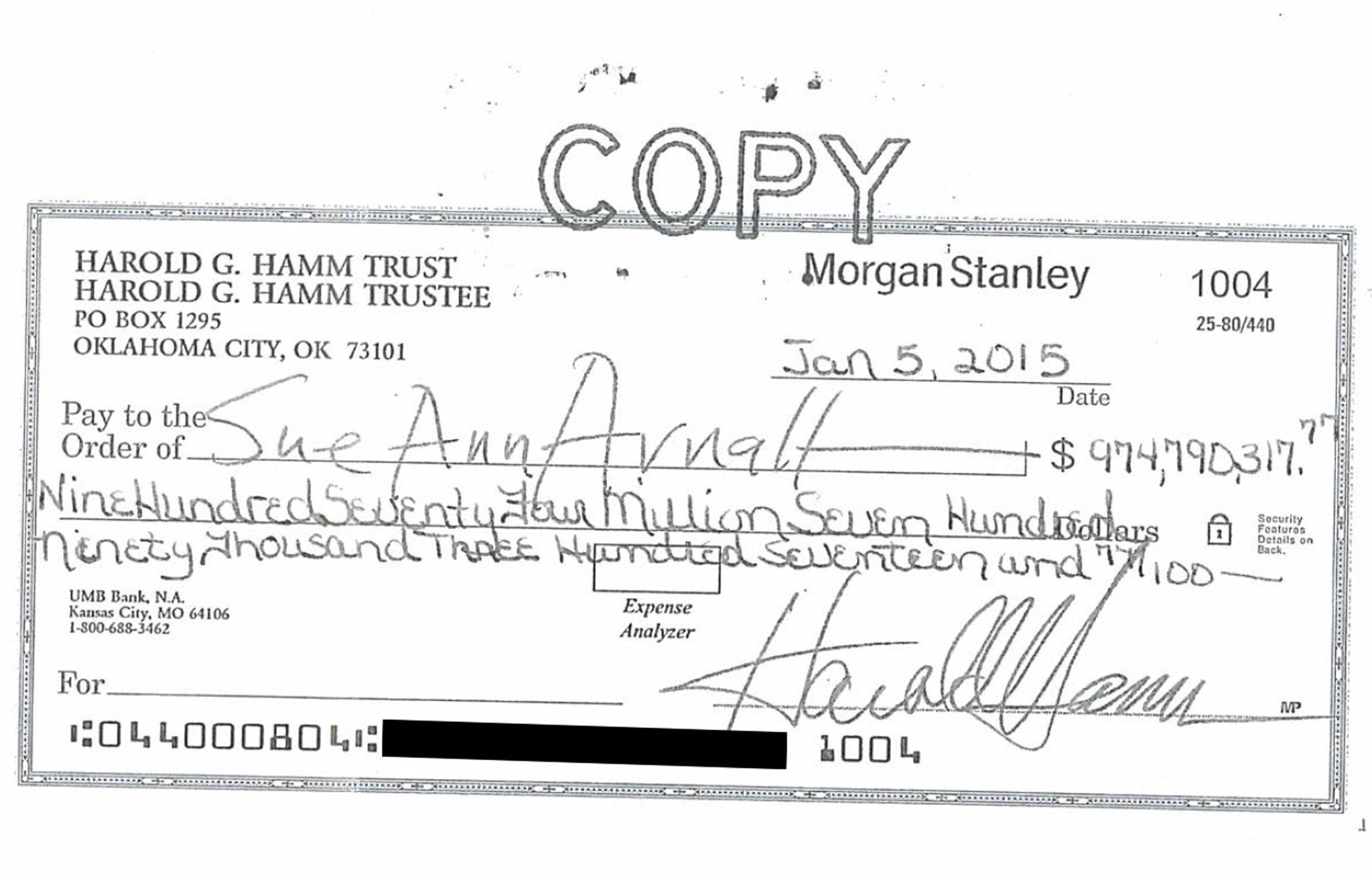 A divorce settlement cheque from Harold Hamm to ex-wife Sue Ann Arnall for the amount of 4.8m