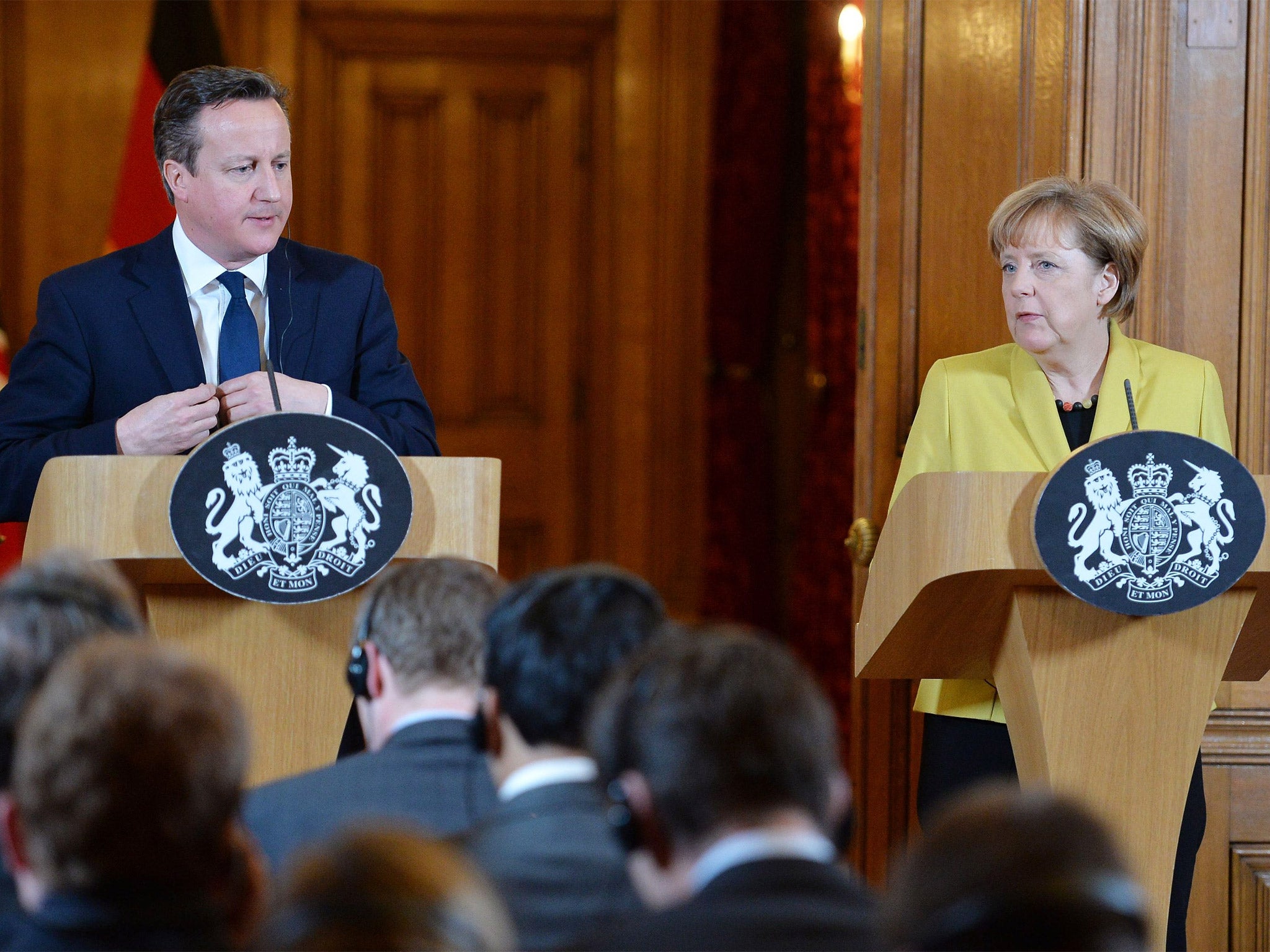 Prime Minister David Cameron and German Chancellor Angela Merkel hold a joint press conference inside 10 Downing Street