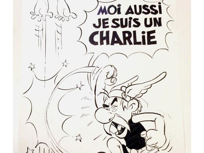 The 87-year-old cartoonist draws a furious Asterix, punching an assailant into the air and exclaiming ‘I'm Charlie too'