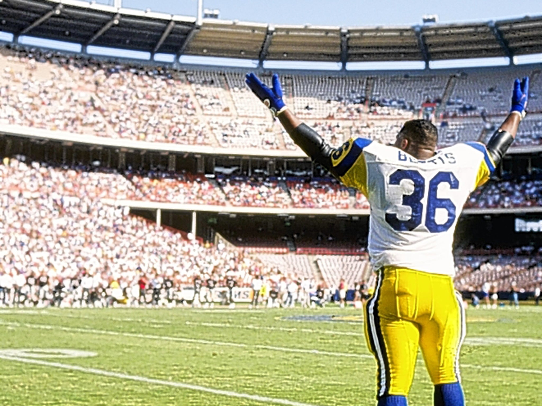 Jerome Bettis celebrates a win over the Falcons at the Anaheim Stadium in 1994