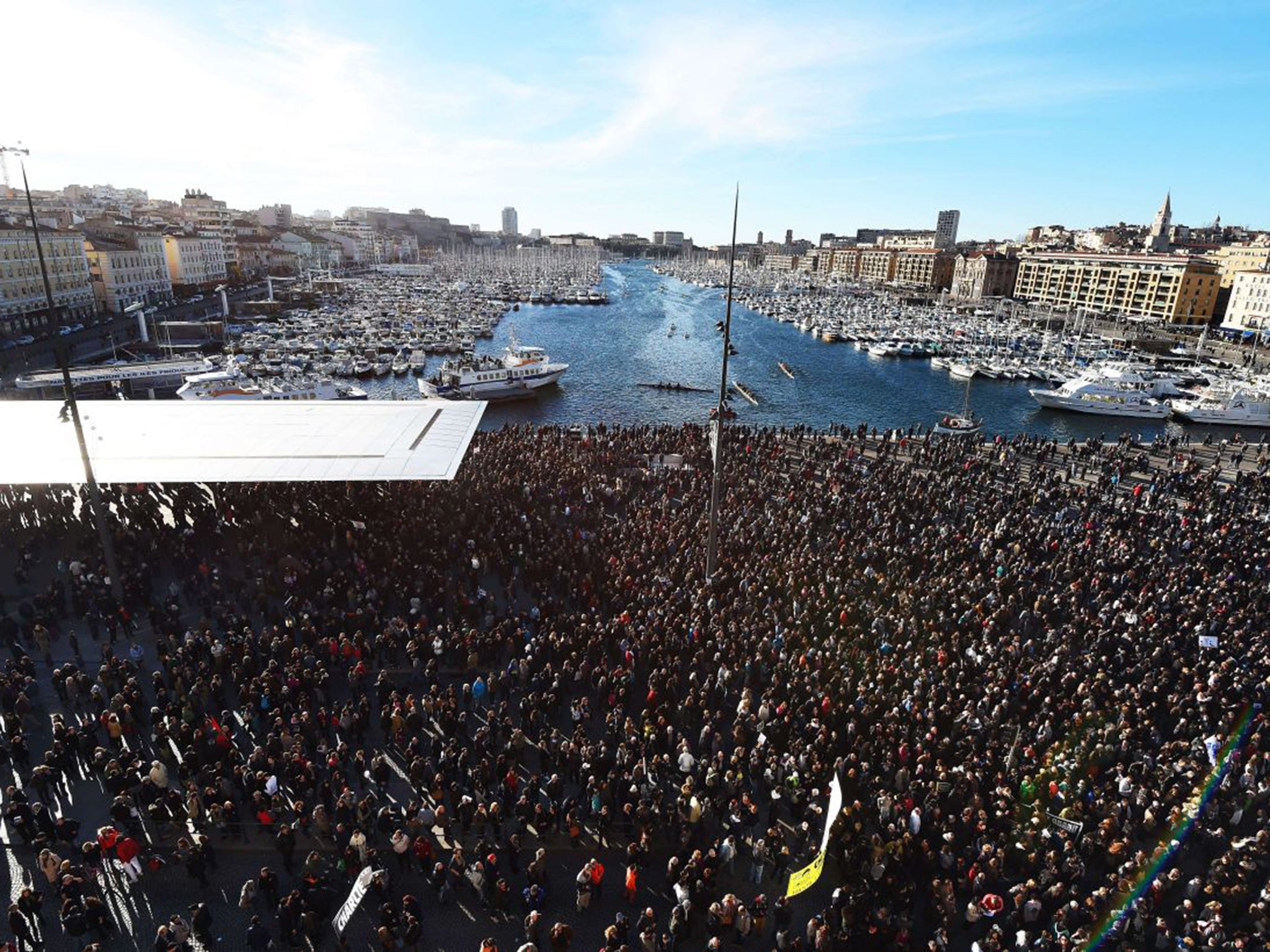 An estimated 45,000 people amassed on the old harbour in the southern city of Marseille