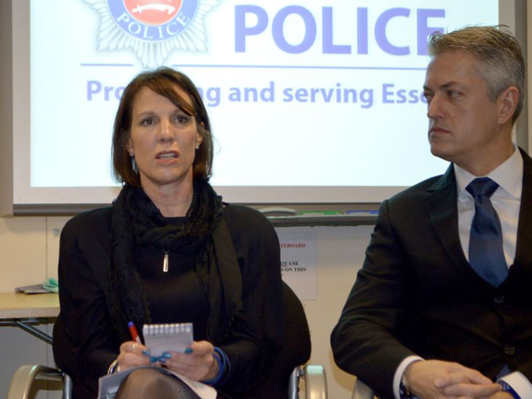 Breck Bednar's mother, Lorin LaFave, and partner Simon Goodwin at an Essex Police media briefing last week