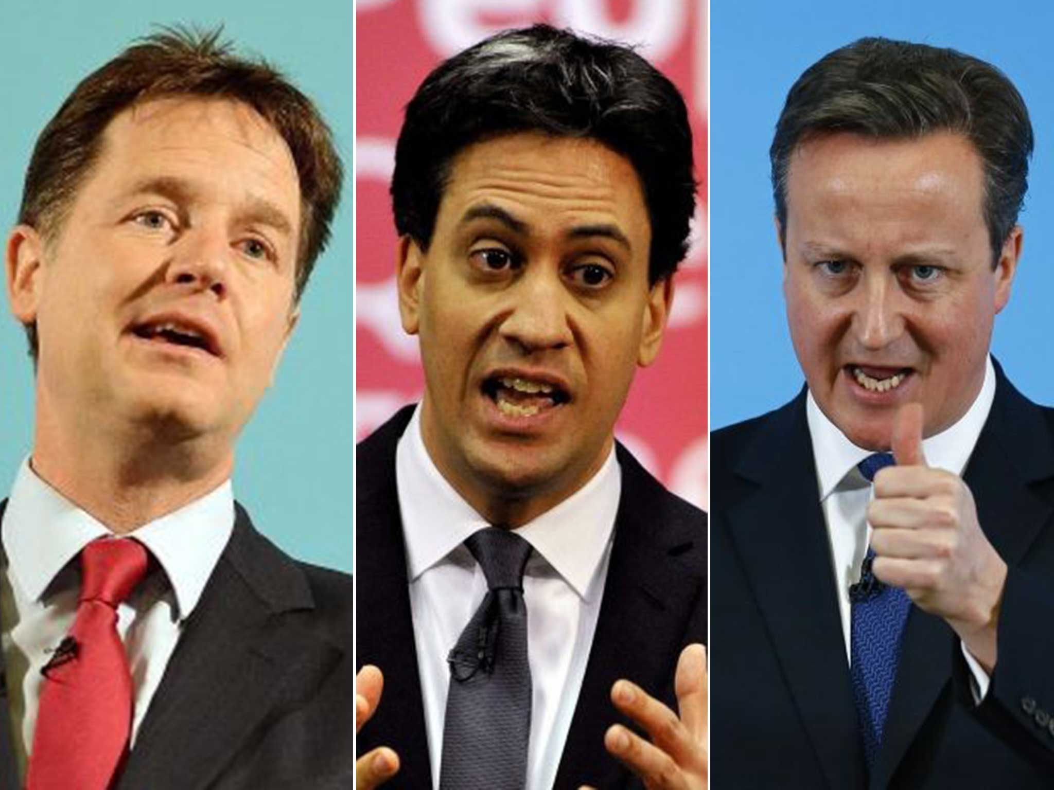 Nick Clegg, Liberal Democrats, Ed Miliband, Labour, and David Cameron, Conservatives