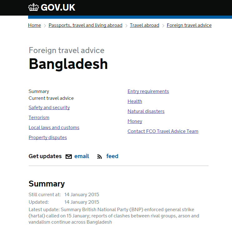 The travel advice for Bangladesh on the Foreign Office's page warning of a BNP-backed general strike