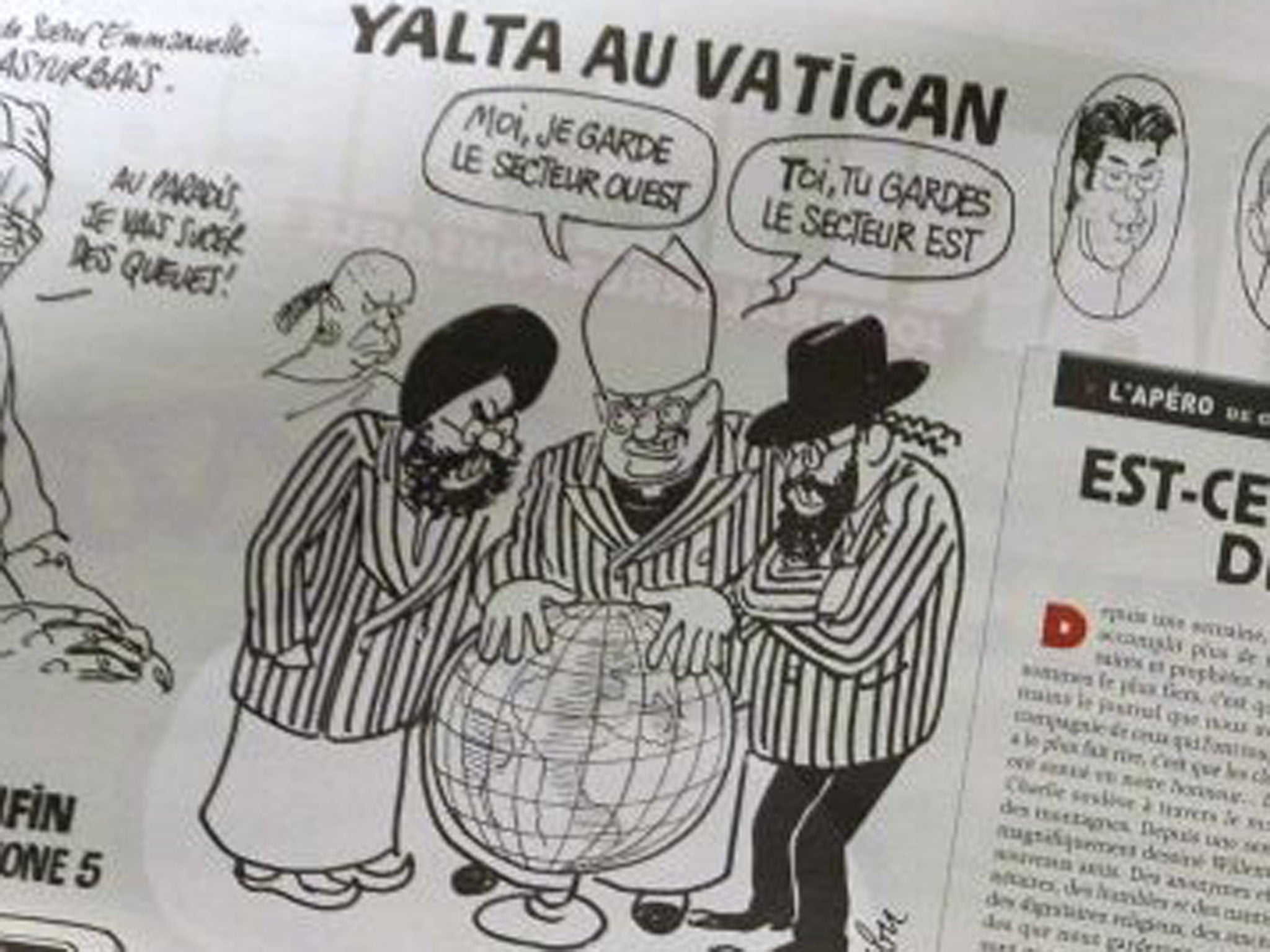 A cartoon showing the Christian, Jewish and Muslim religions carving up the world