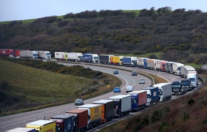 Lorries are queued on the A20 in Dover, Kent, as bad weather continues to delay ferry crossings across The English Channel.