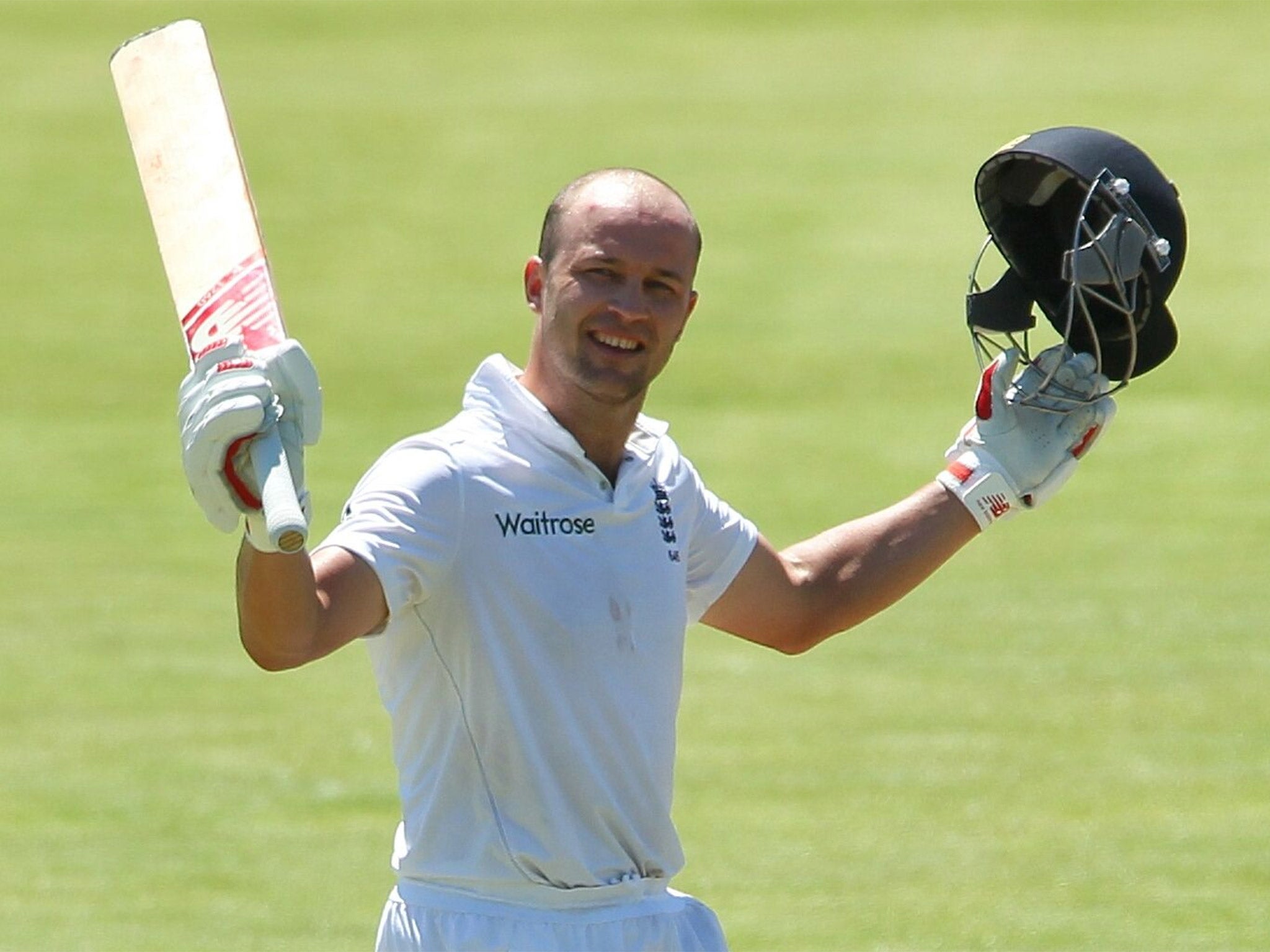 Jonathan Trott celebrates his double century at Boland Park