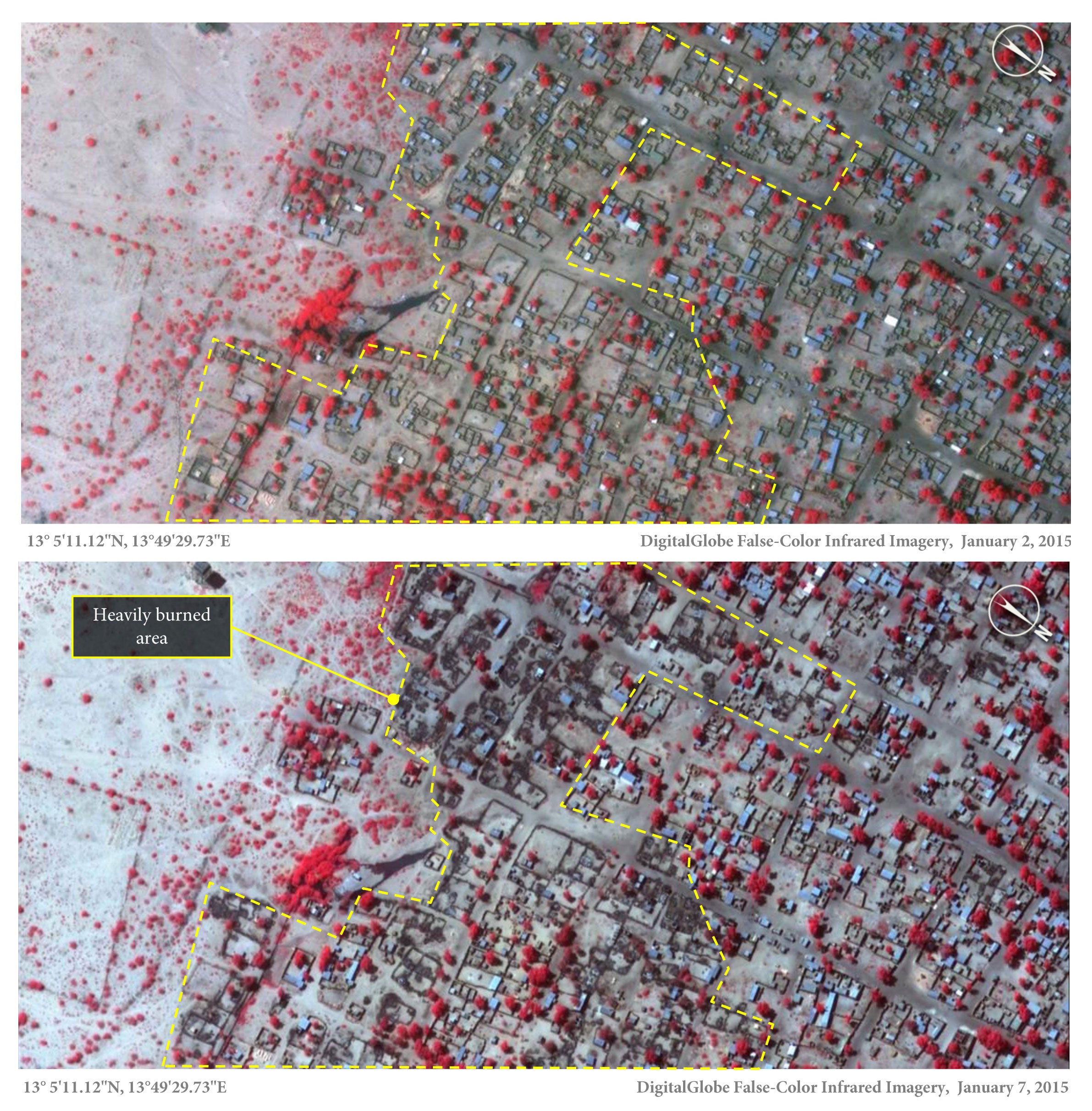 Baga on 2 January, with many visible thatch roof structures. By 7 January, many of the thatch roof structures have been razed. The dark colour represents burned areas, while the read indicates healthy vegetation.