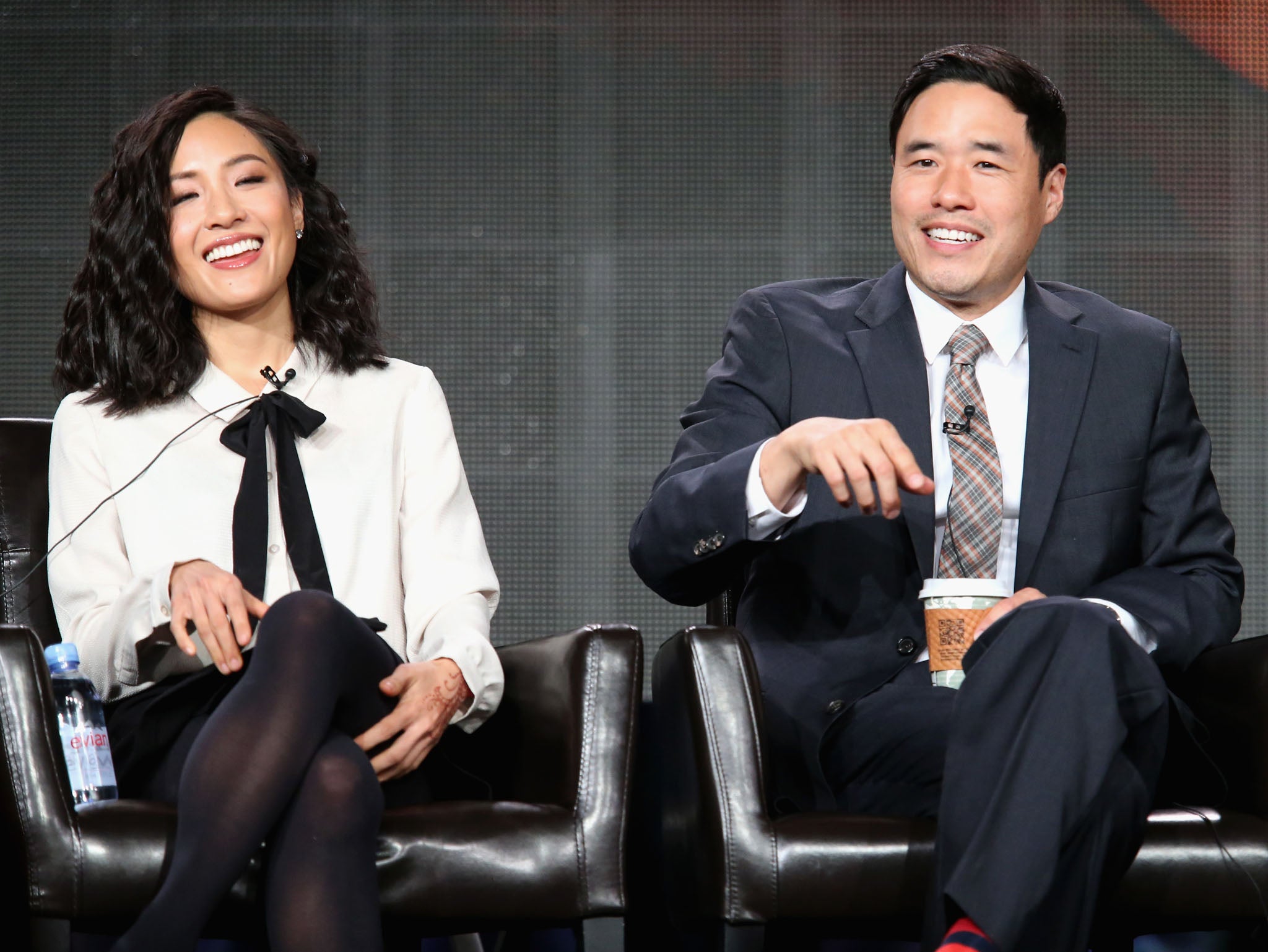 Actors Constance Wu (L) and Randall Park speak onstage during the 'Fresh Off the Boat' panel