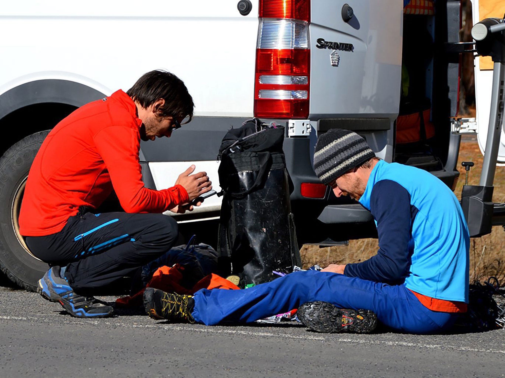 US climbers Tommy Caldwell (R) and Kevin Jorgeson before their climb of the 914-meter El Captain's Dawn Wall