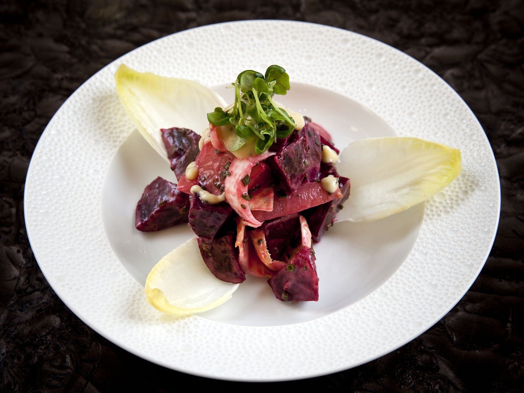 Beetroot, pear, endives, lamb lettuce and Quail egg salad with chive vinaigrette