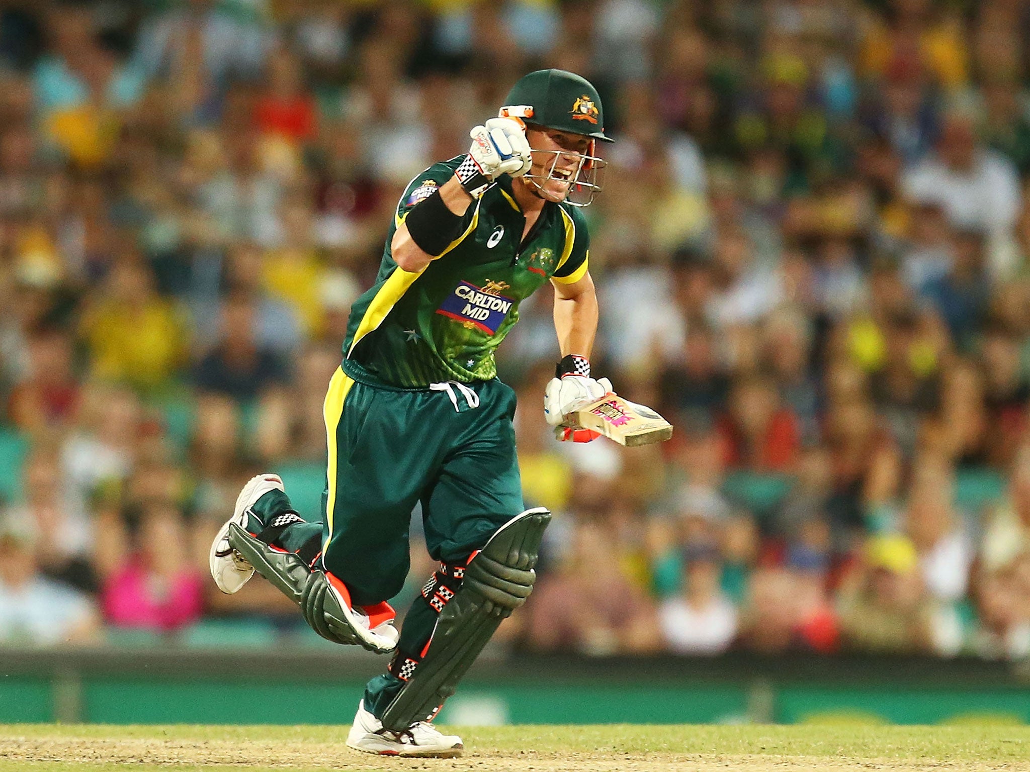 David Warner celebrates his century in the Triangular Series win over England