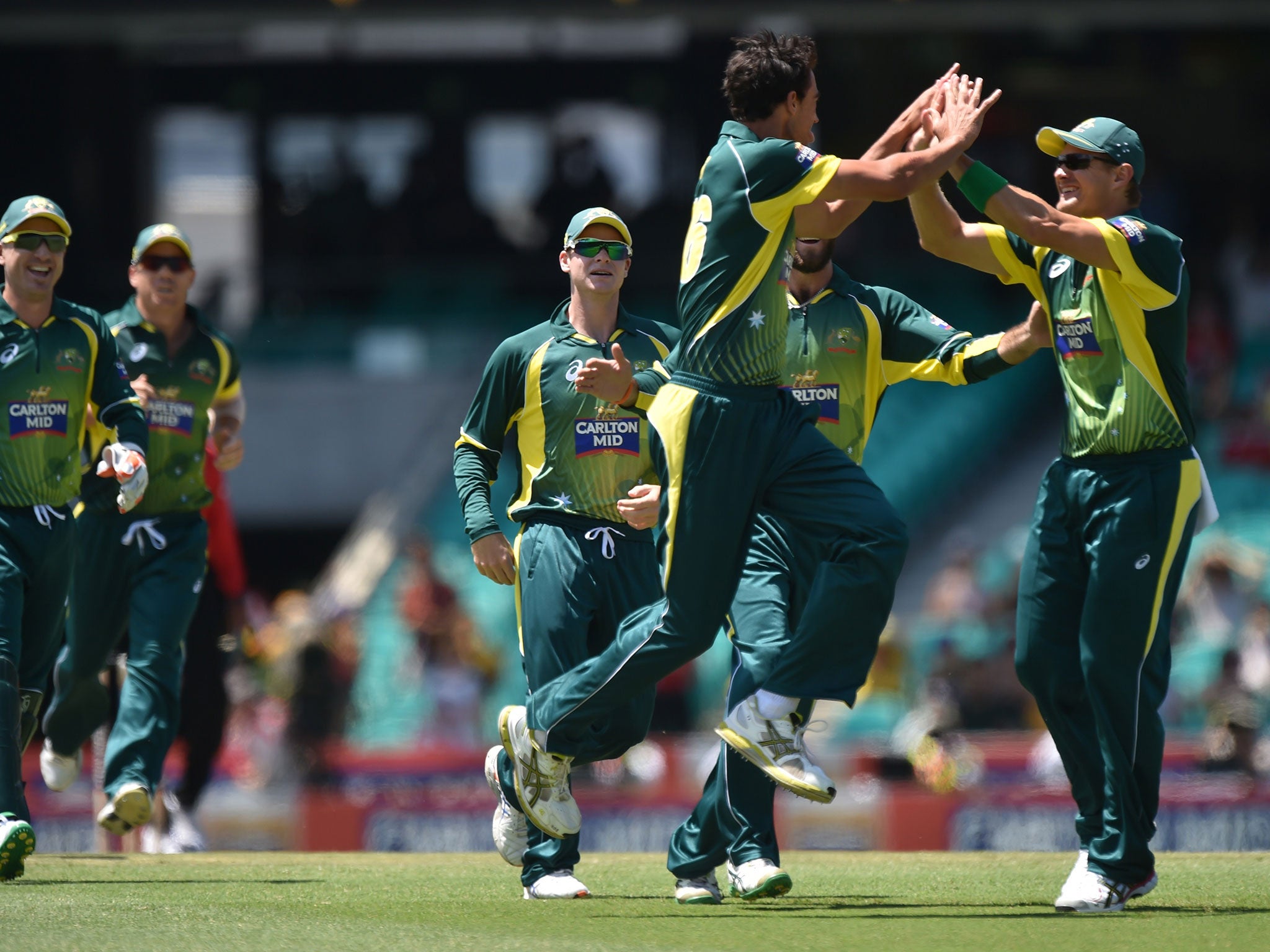 Mitchell Starc celebrates the early wicket of Ian Bell