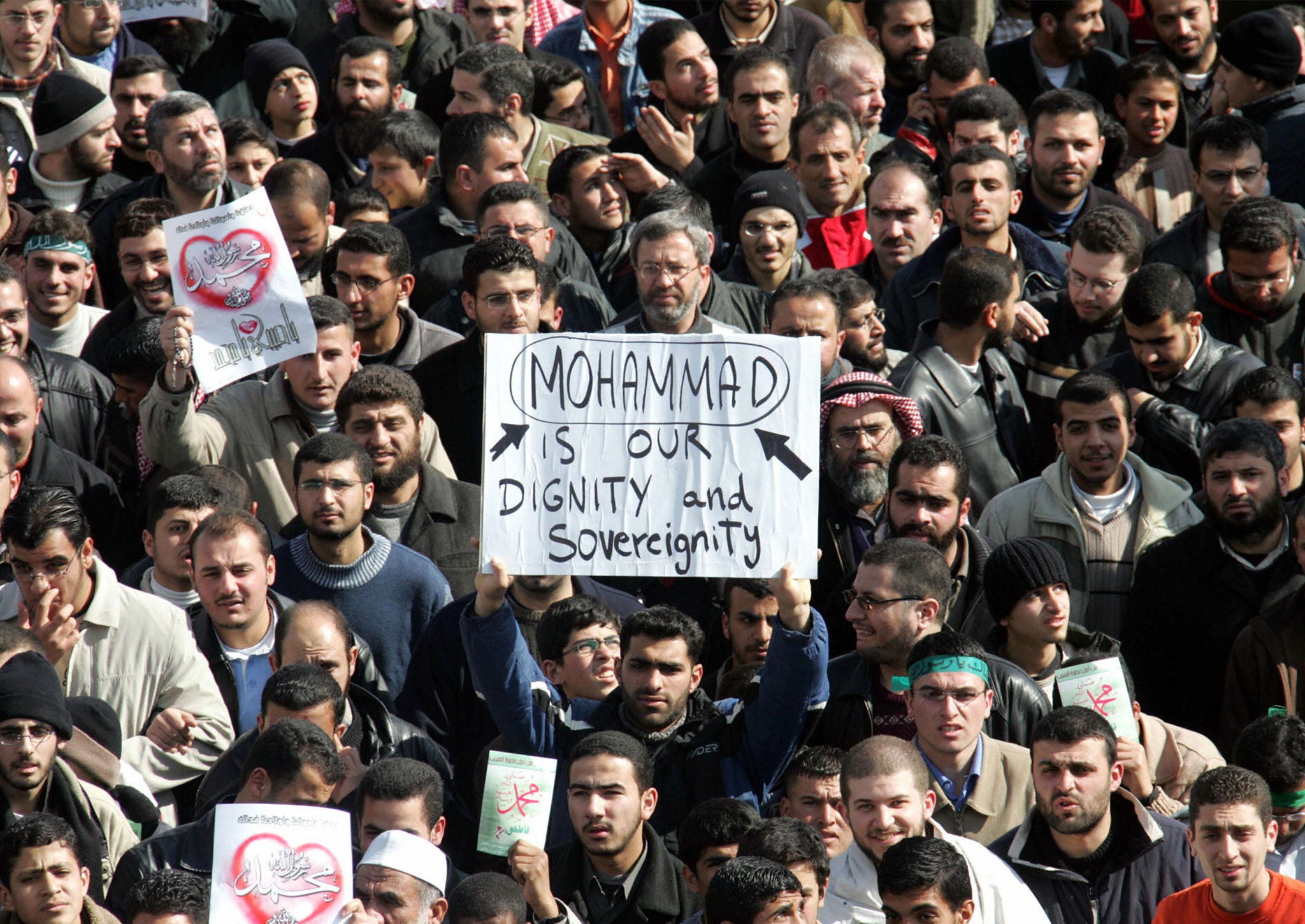 Protesters gather in Jordan against the publication of cartoons depicting the Prophet Mohamed by European newspapers in 2006