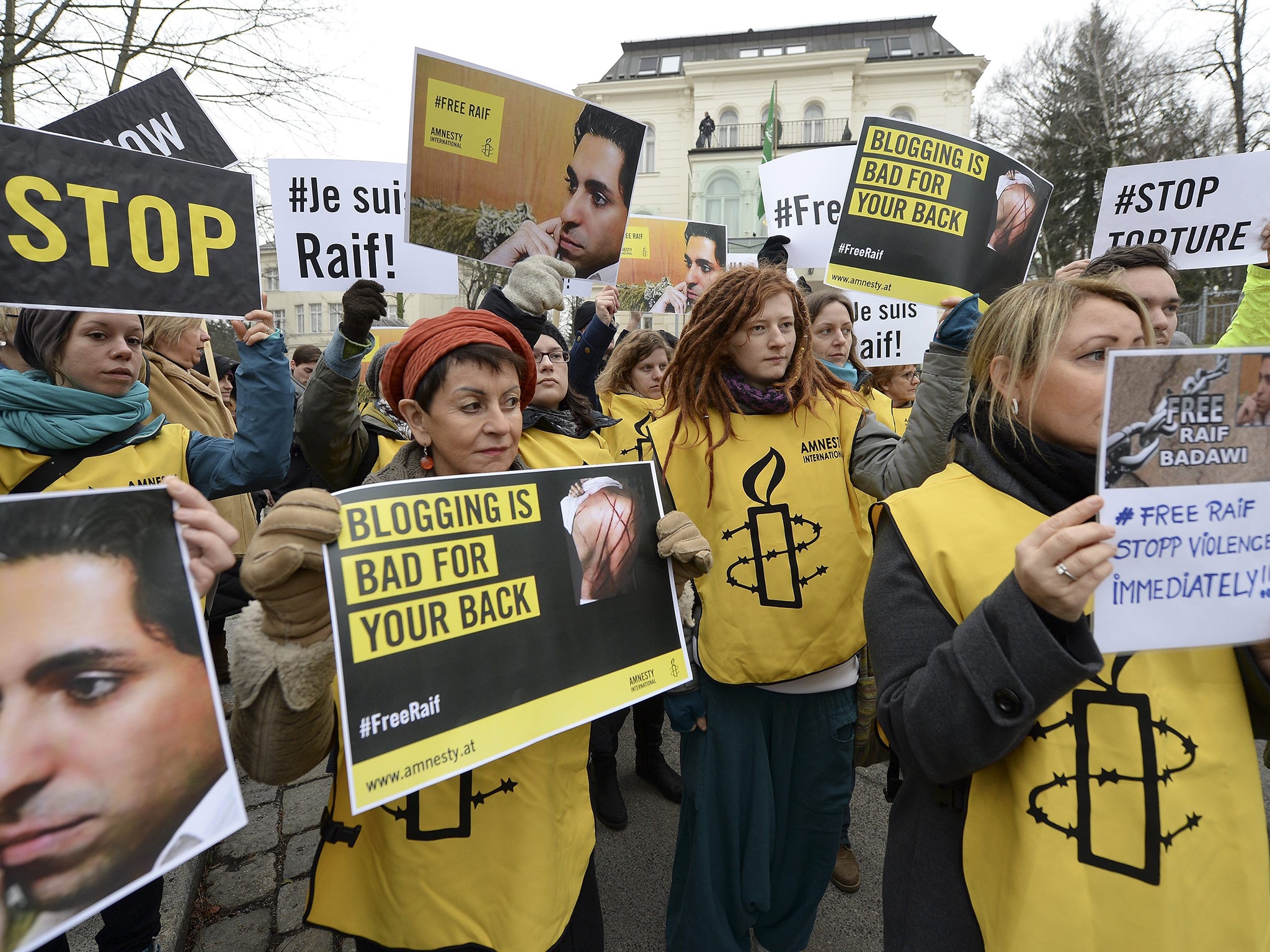 Rights protesters at the Saudi embassy in Vienna yesterday