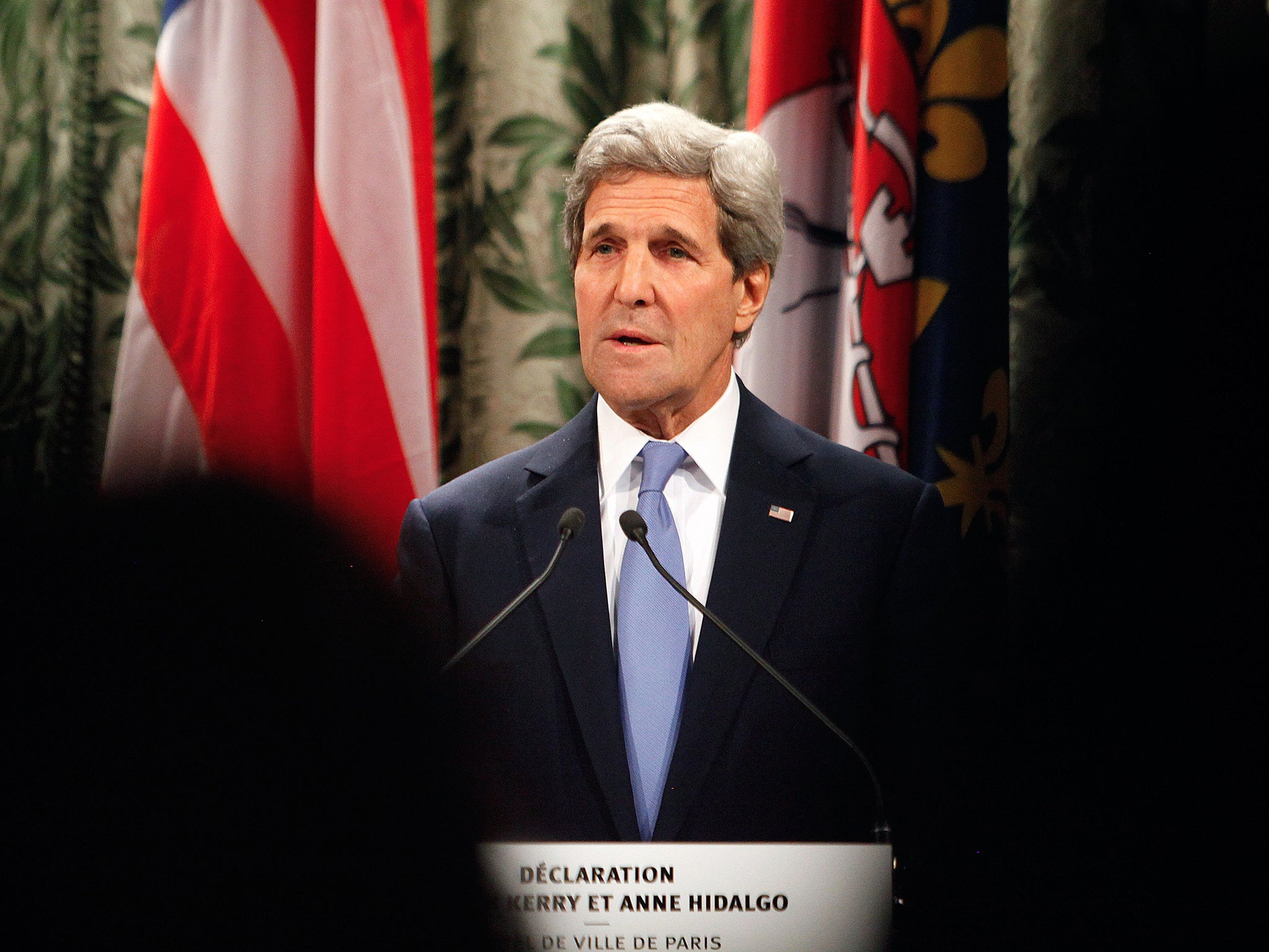 Secretary of State John Kerry makes a speech at the Paris city hall