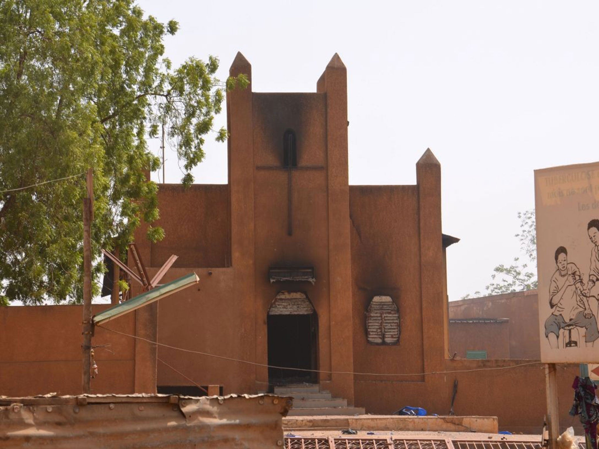 A church, which was damaged after it was set on fire by protesters during a demonstration against French weekly Charlie Hebdo's publication of a cartoon of the Prophet Mohamed in Niamey,