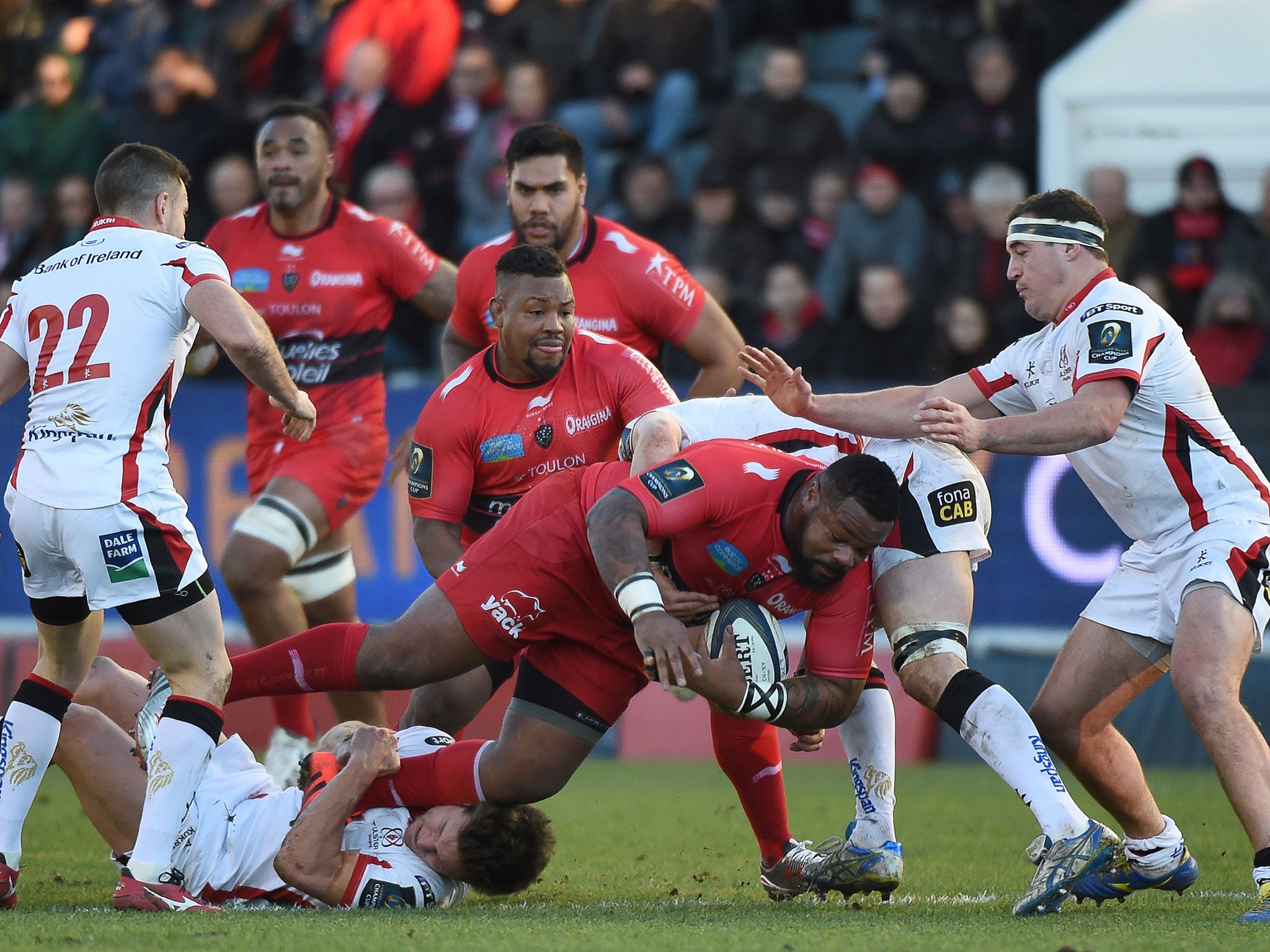 Mathieu Bastareuad barrells his way over for a try against Ulster