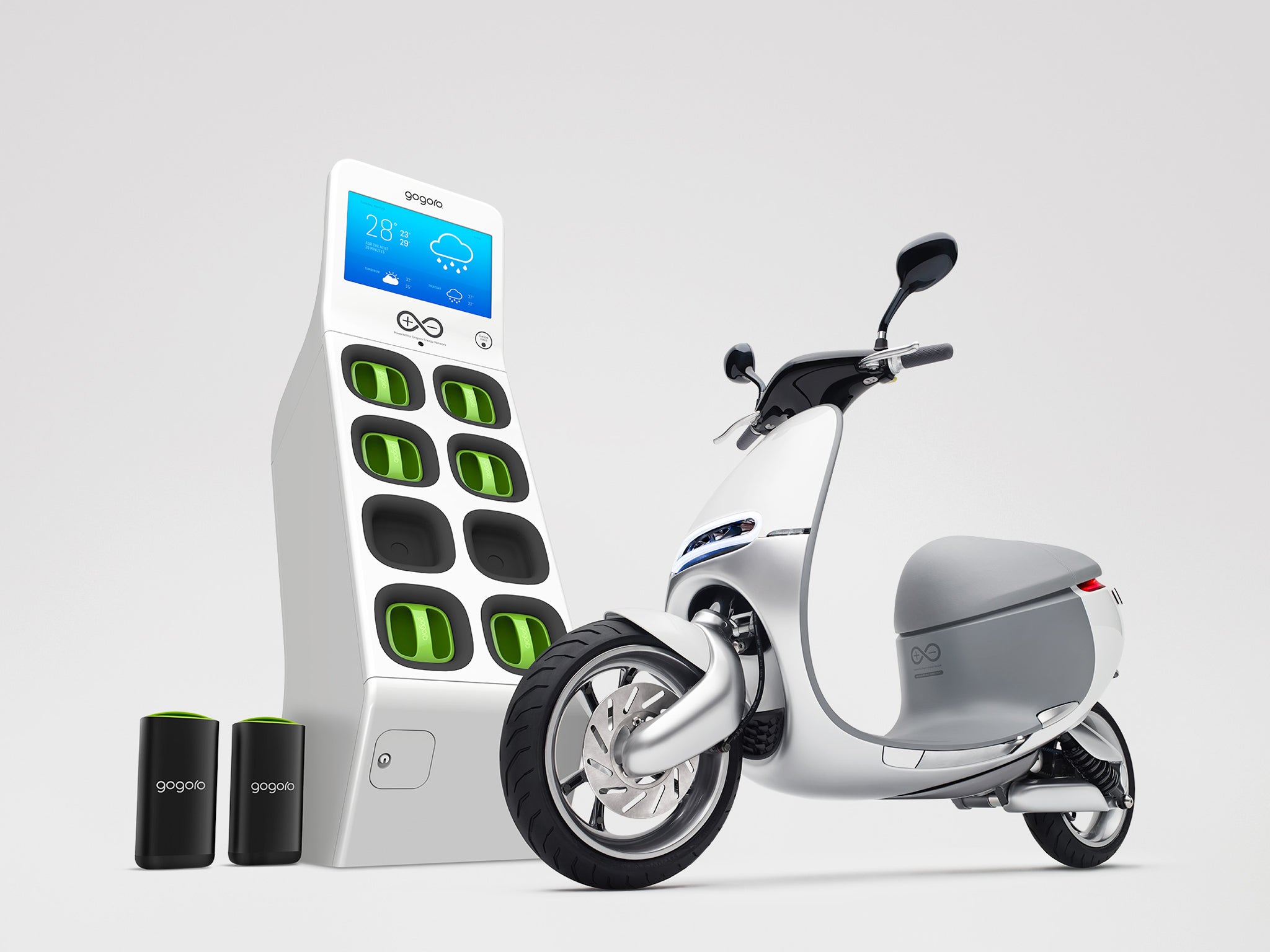 The Gogoro 'family': battery, charger and scooter