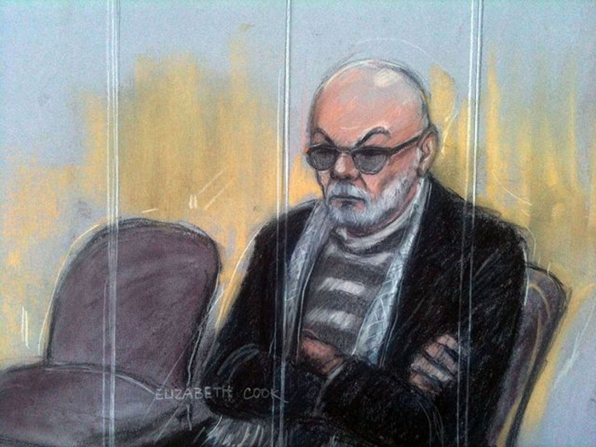 Court artist sketch by Elizabeth Cook of Gary Glitter appearing at Southwark Crown Court in London