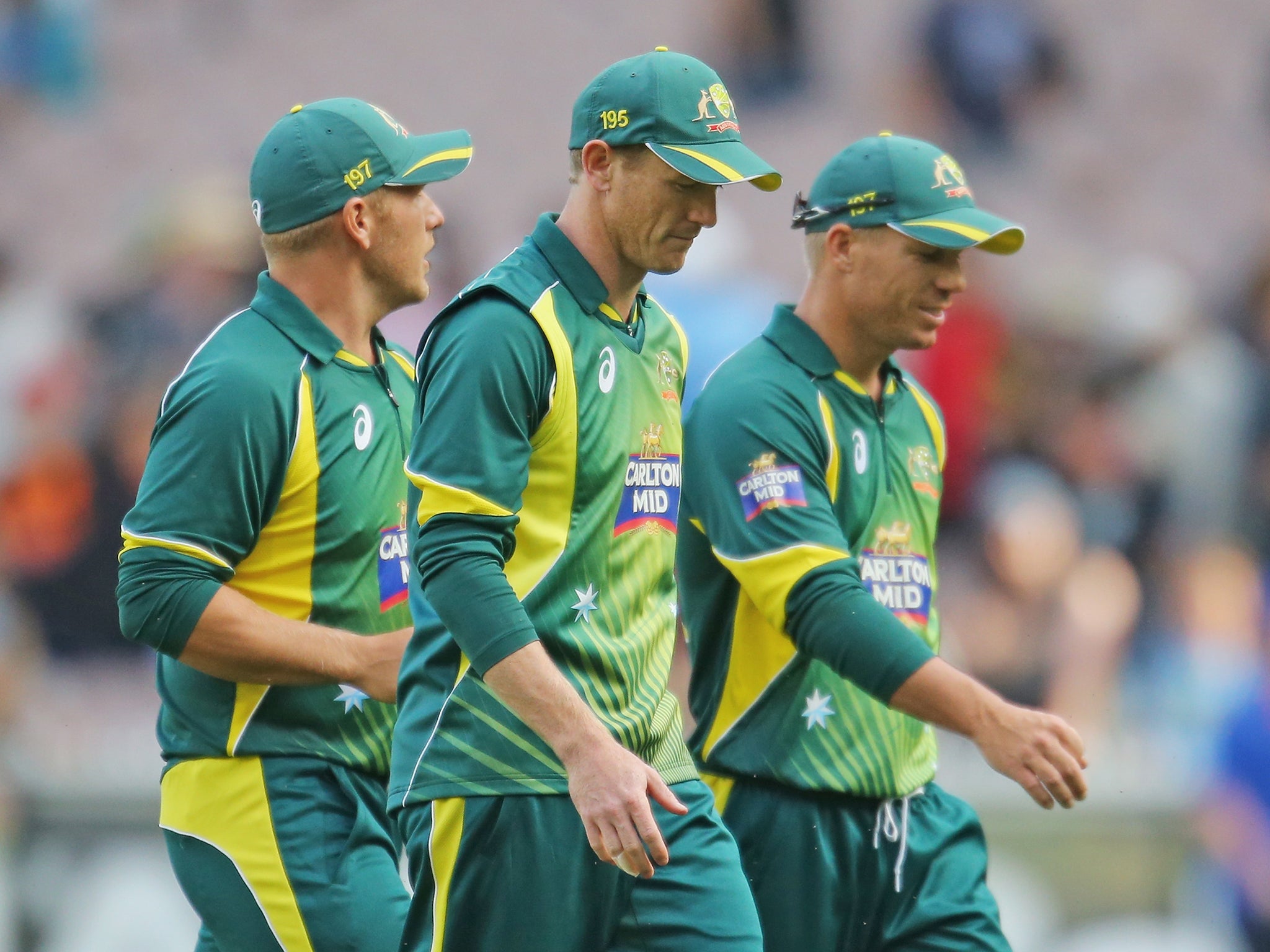 Aaron Finch, captain George Bailey and David Warner of Australia leave the field at the end of the Indian innings during the One Day International match