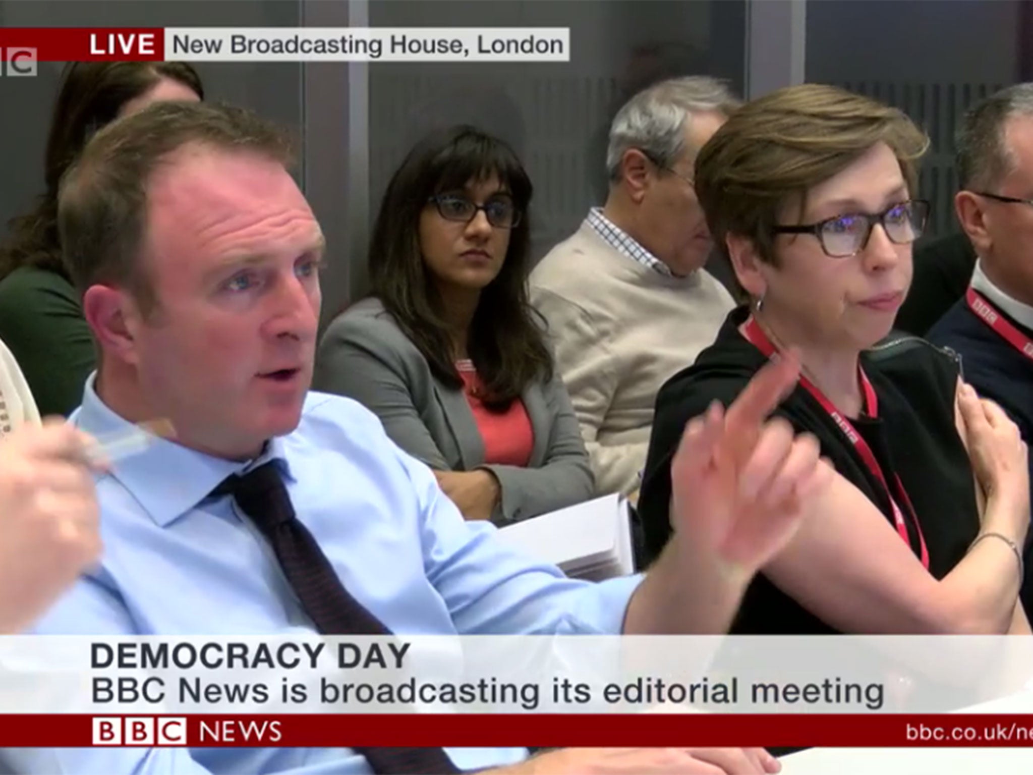 BBC director of news James Harding led the morning meeting live on TV