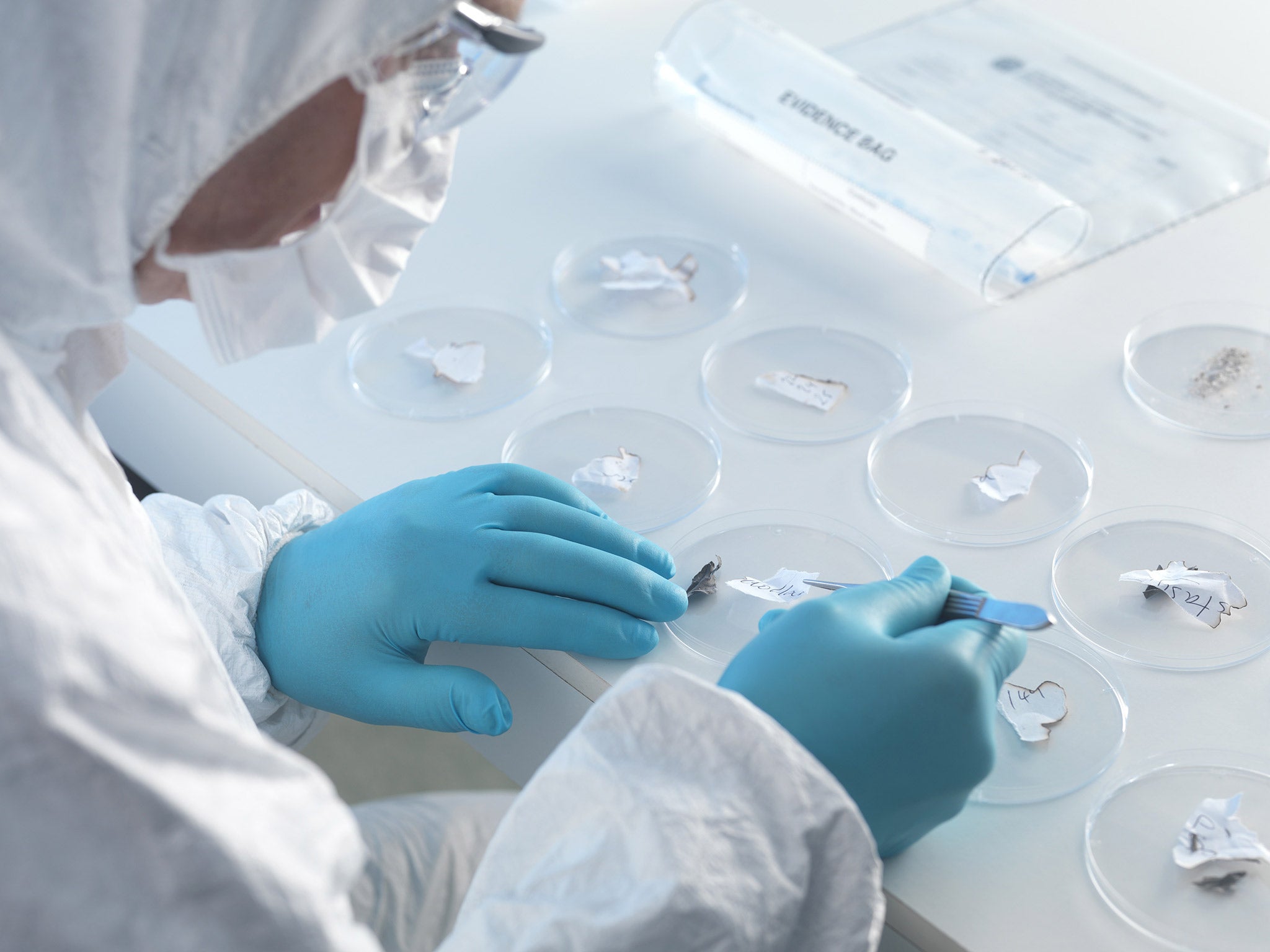 A forensic scientist examines evidence (Corbis)