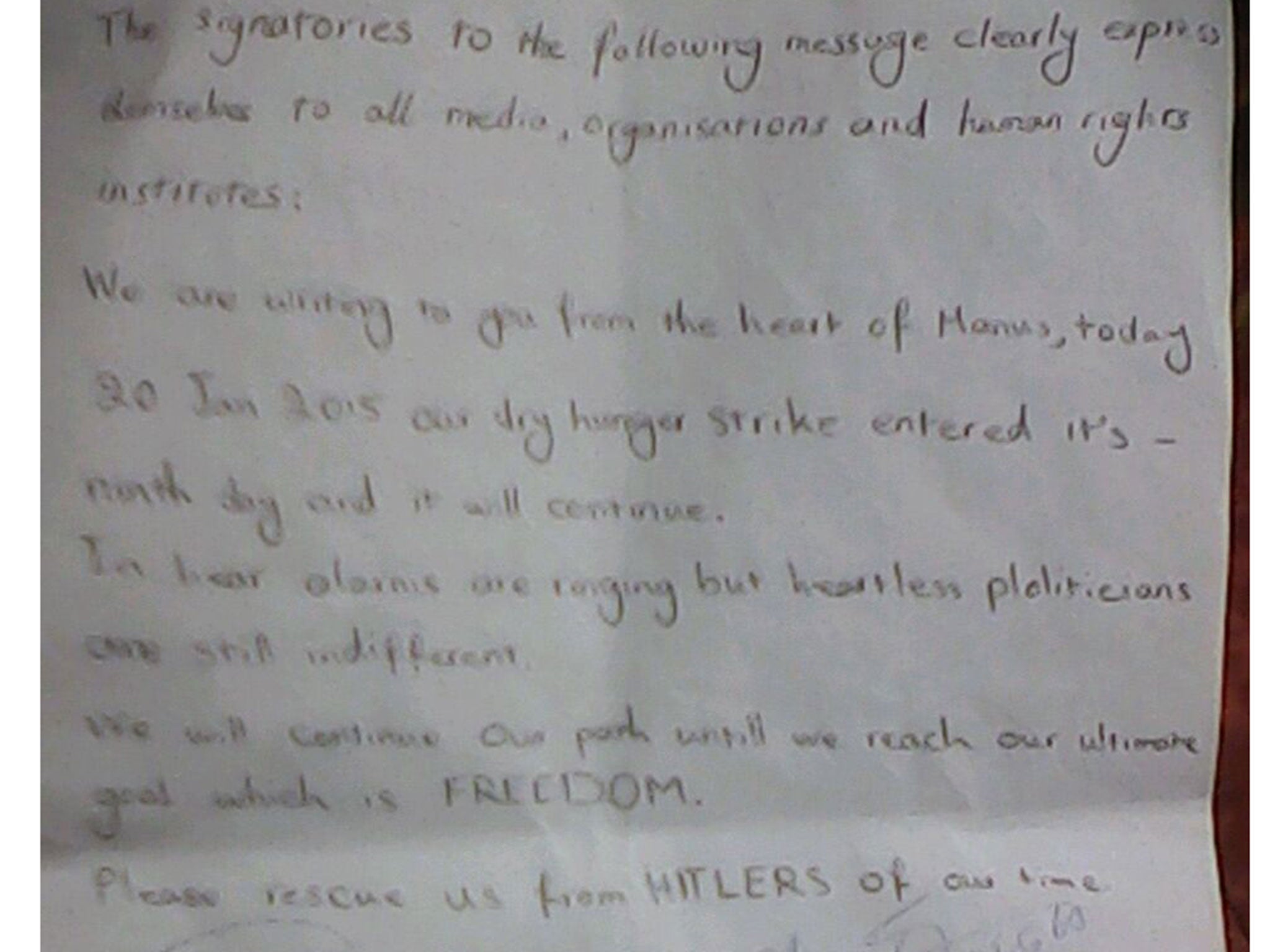 A letter signed by detainees at the detention centre