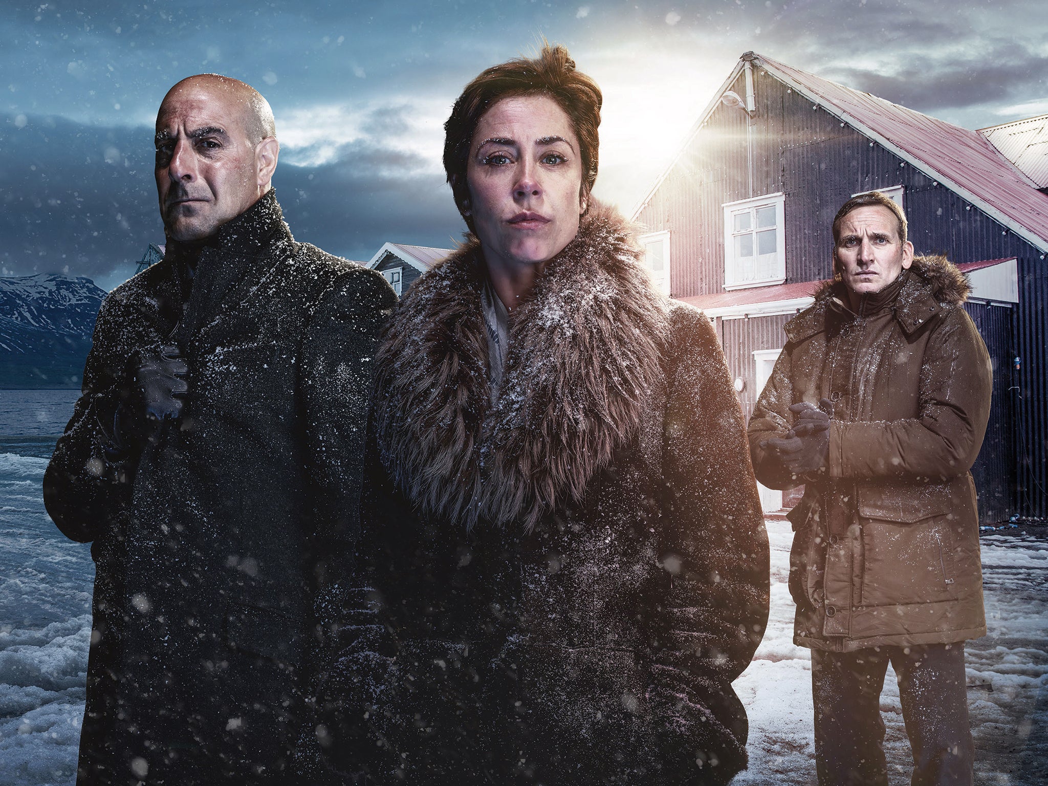 Stanley Tucci as DCI Eugene Morton, Sophie Grabol as Hildur Odegard and Christopher Eccleston as Professor Charlie Stoddart in 'Fortitude'