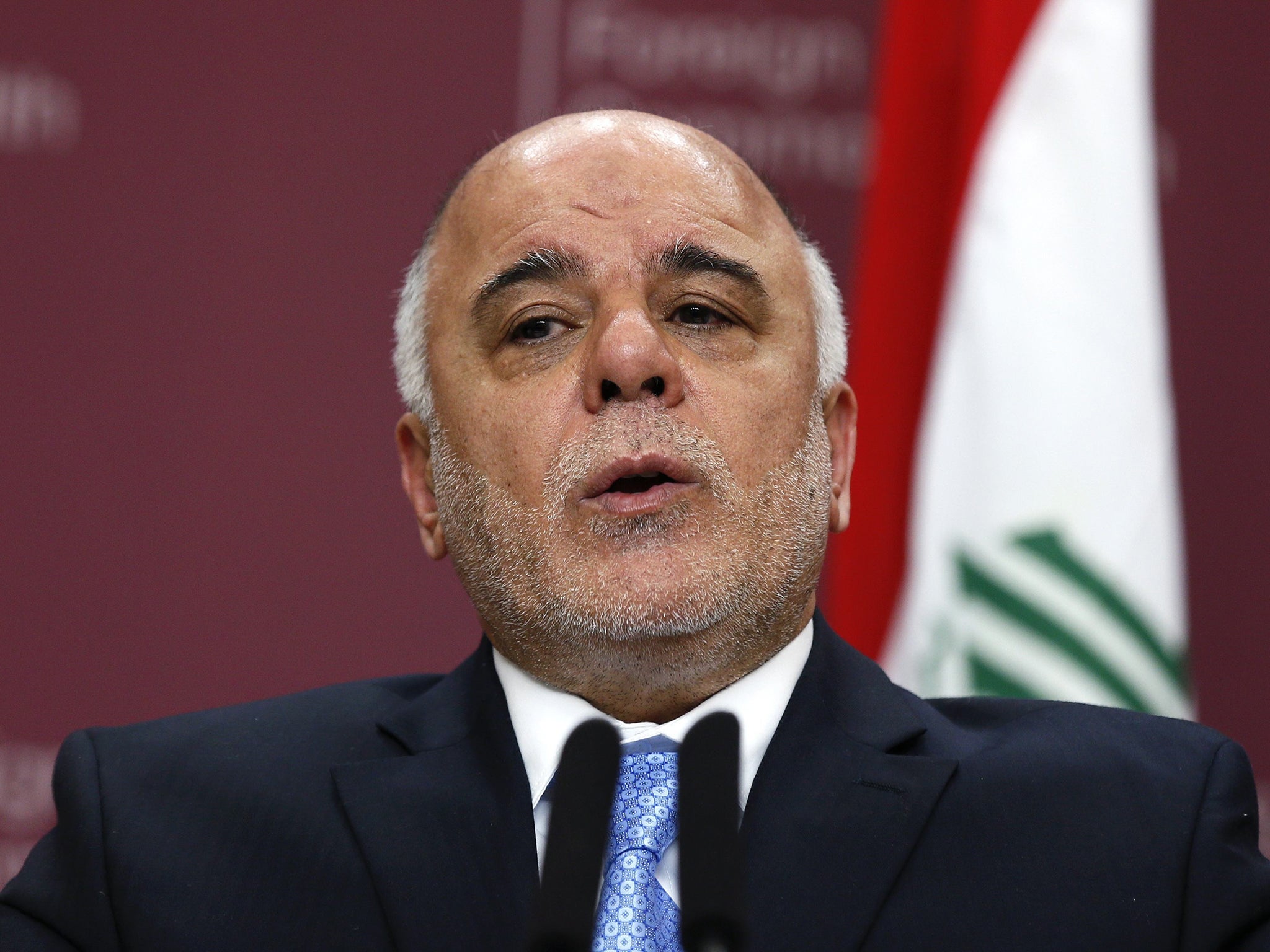 Iraq's Prime Minister Haider al-Abadi speaks at the international summit in London