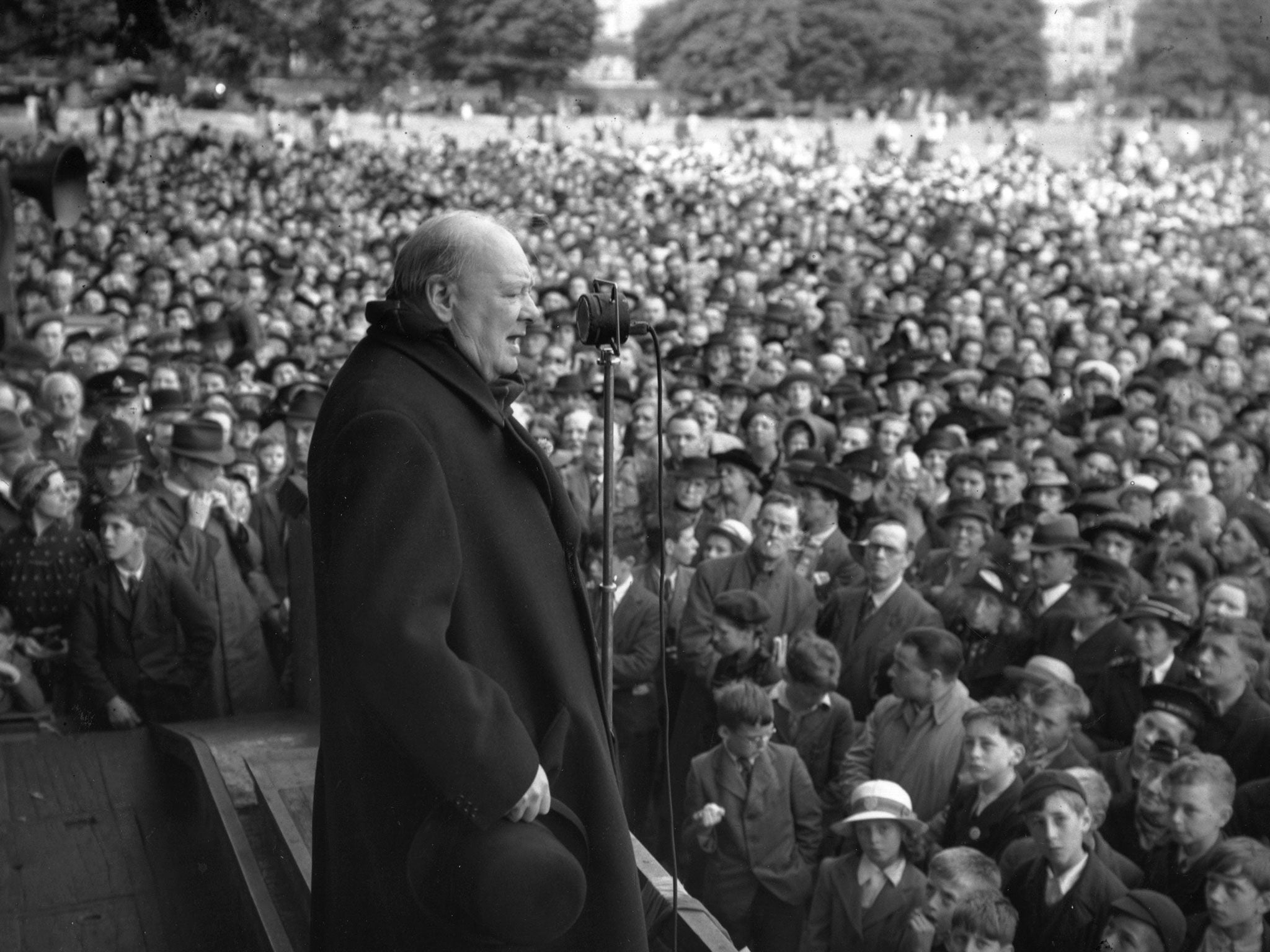 The prime minister of the wartime Coalition government Sir Winston Leonard Spencer Churchill during a speech 0n 2 July 1945. The July 1945 general election resulted in a resounding victory for the Labour Party