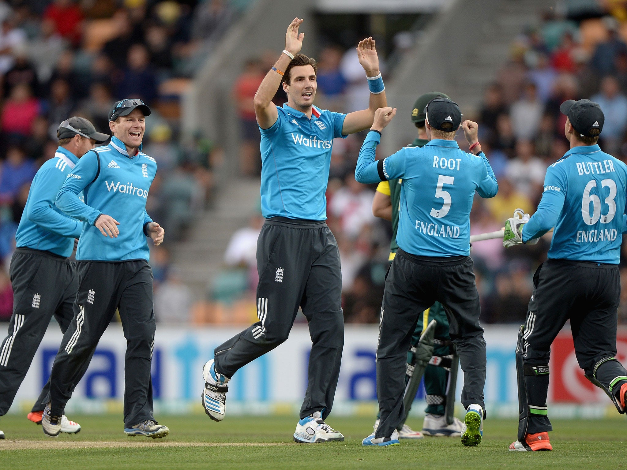 Steven Finn celebrates the golden duck of of Cameron White