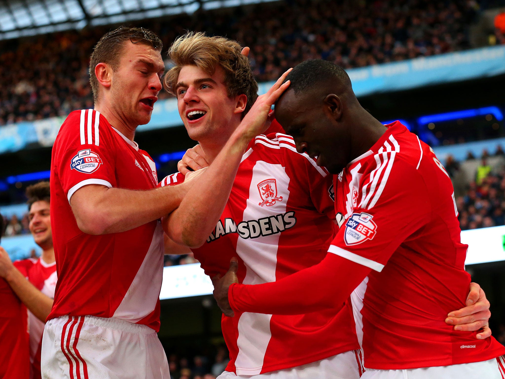 Middlesbrough celebrate after Patrick Bamford scores against Manchester City - Arsenal will be keen to avoid an upset