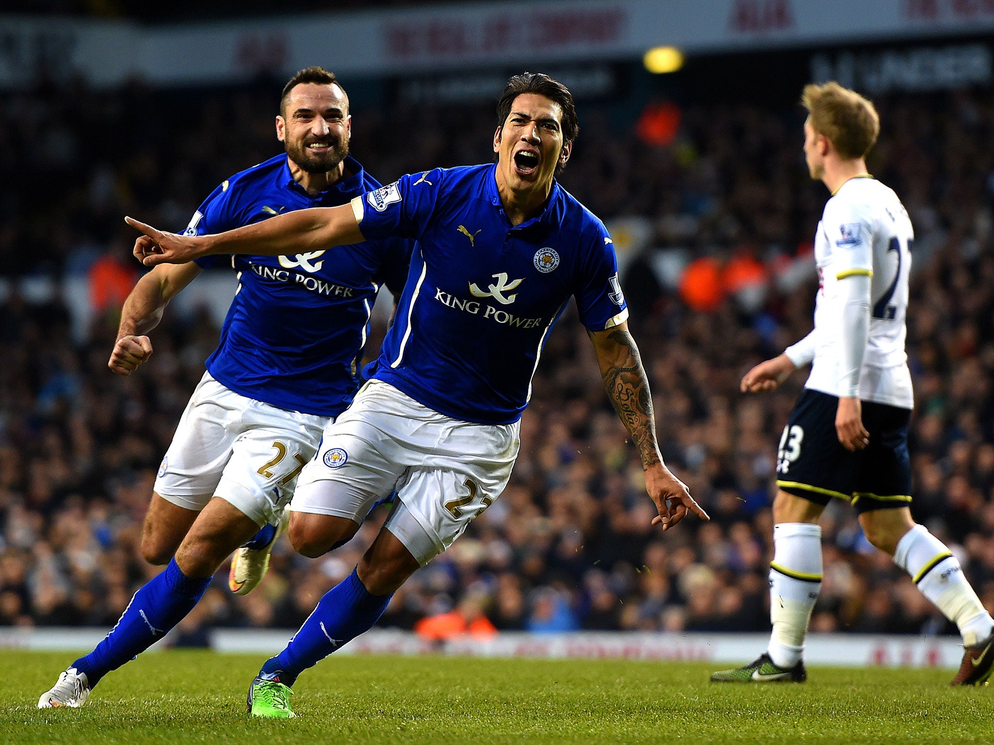 Leonardo Ulloa celebrates after scoring the equaliser against Spurs