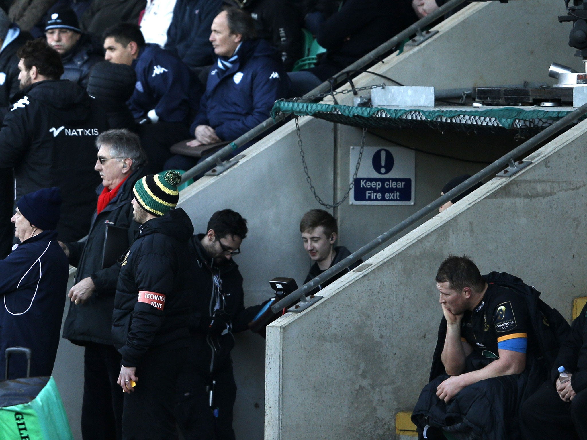 Dylan Hartley sits on the bench after being sin-binned in Northampton's defeat to Racing Metro